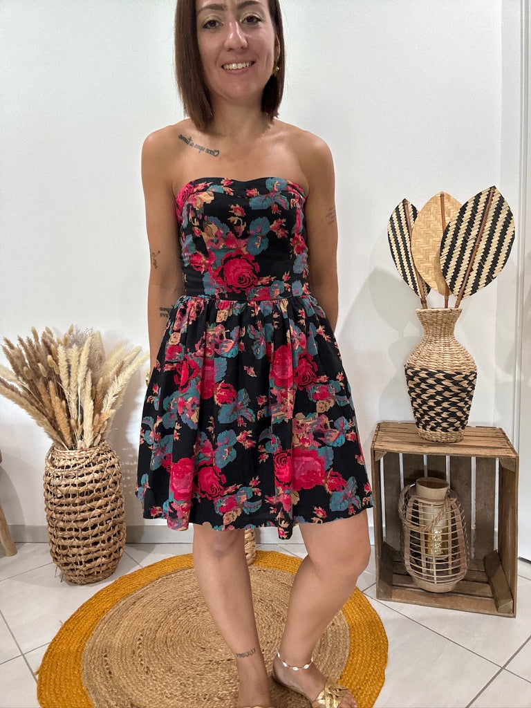 Robe bustier noire imprimé fleurs rouges Cache-Cache - 36 ♻️