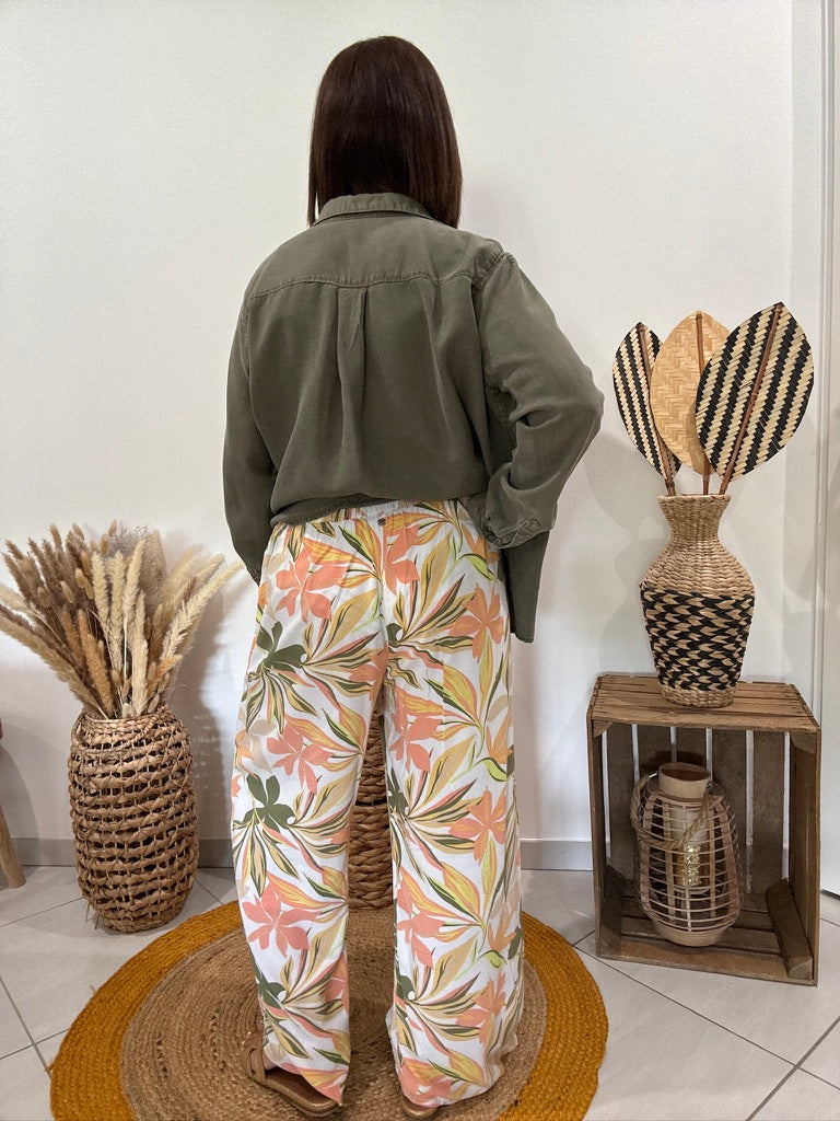 Pantalon blanc fluide imprimé floral orangé/vert Roxy - M ♻️