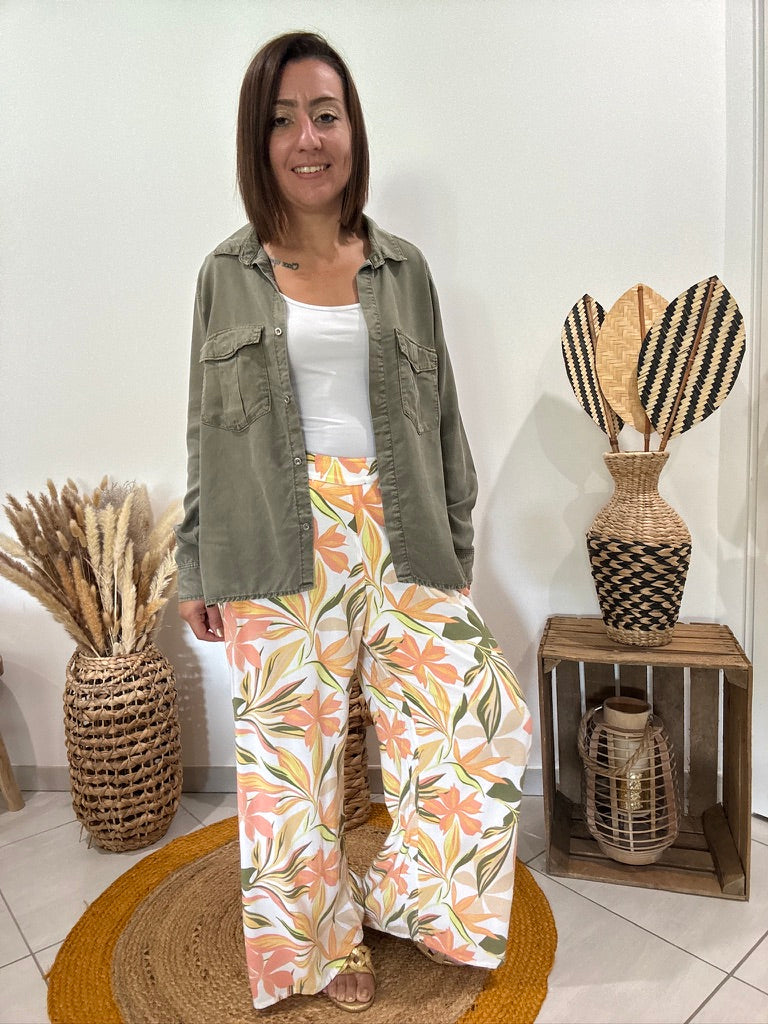 Pantalon blanc fluide imprimé floral orangé/vert Roxy - M ♻️