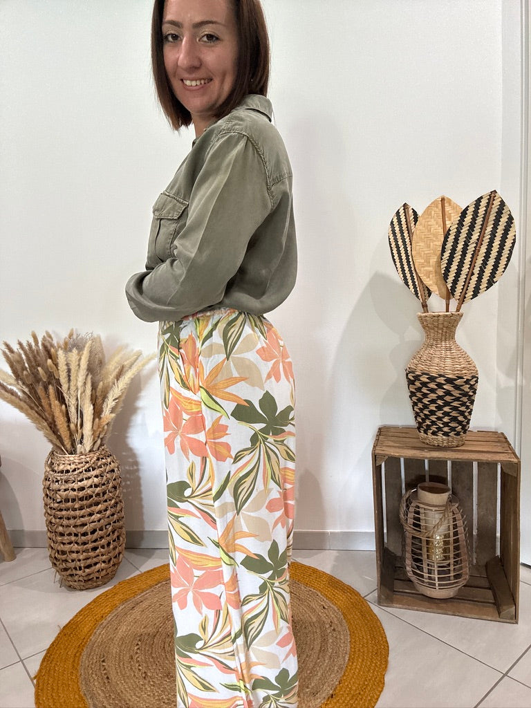 Pantalon blanc fluide imprimé floral orangé/vert Roxy - M ♻️