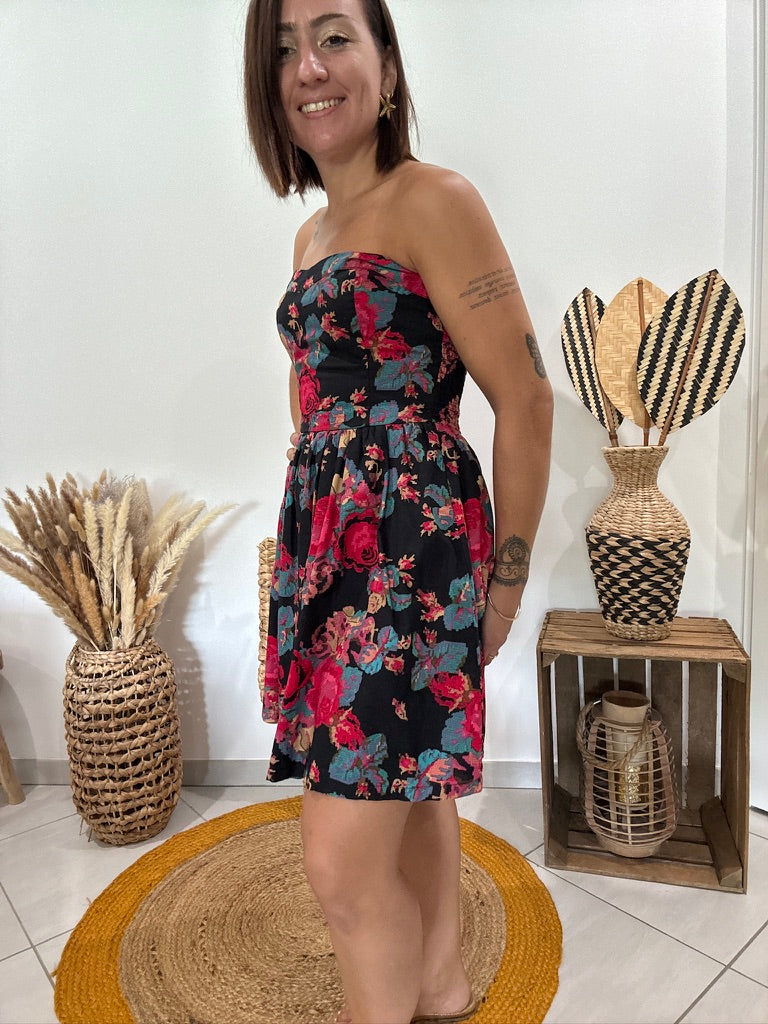 Robe bustier noire imprimé fleurs rouges Cache-Cache - 36 ♻️