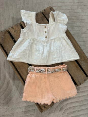 Ensemble blouse et short gaz de coton écru/abricot Vertbaudet 9 mois ♻️