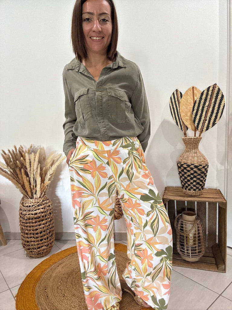 Pantalon blanc fluide imprimé floral orangé/vert Roxy - M ♻️