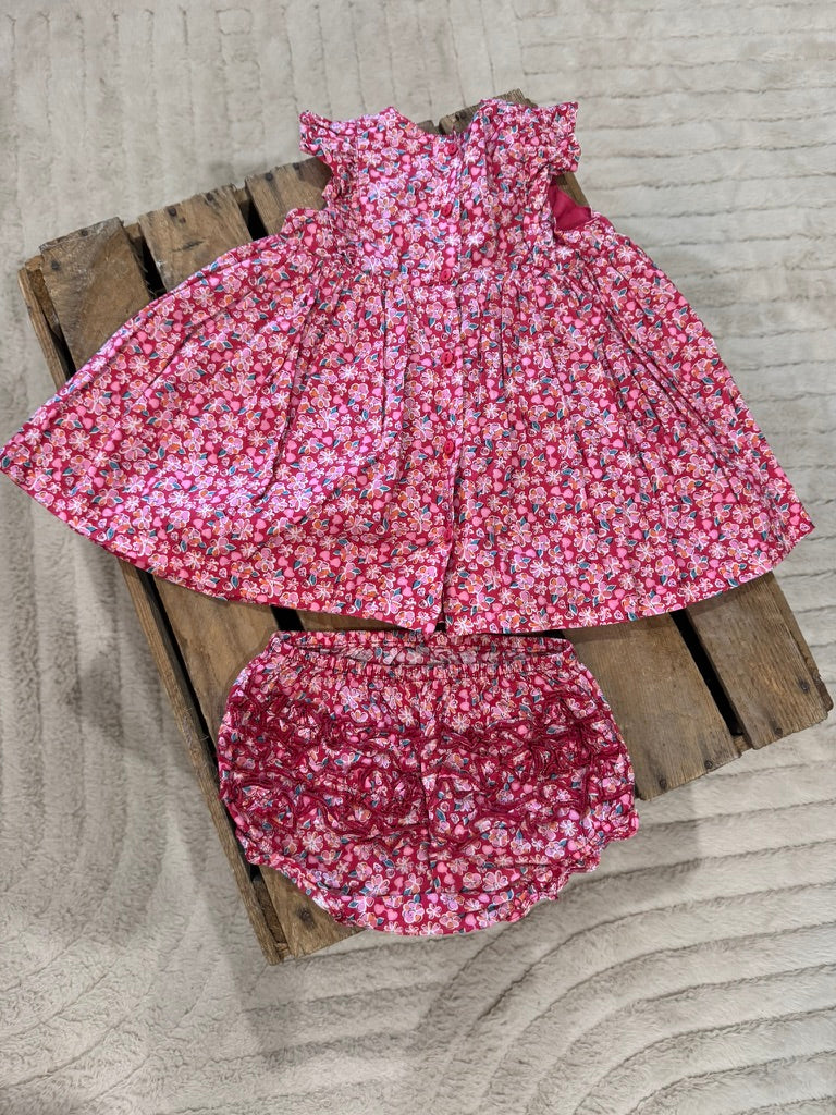 Robe "fleurs roses"+ bloomer rose/rouge Du Pareil au Même 6 mois ♻️