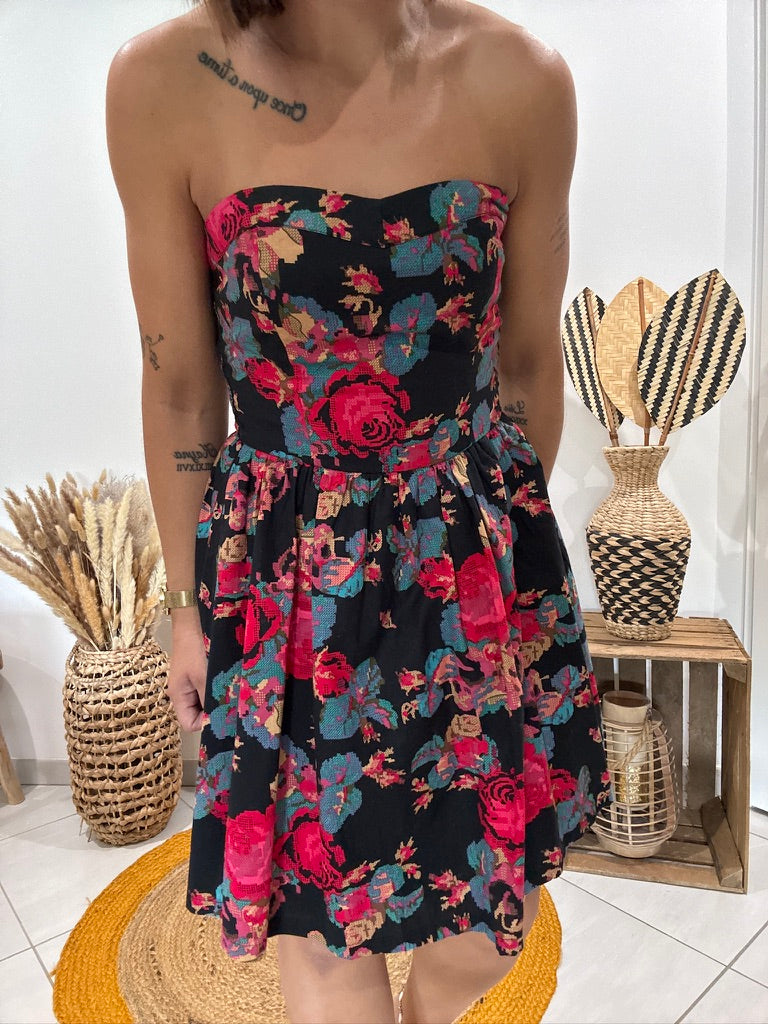 Robe bustier noire imprimé fleurs rouges Cache-Cache - 36 ♻️