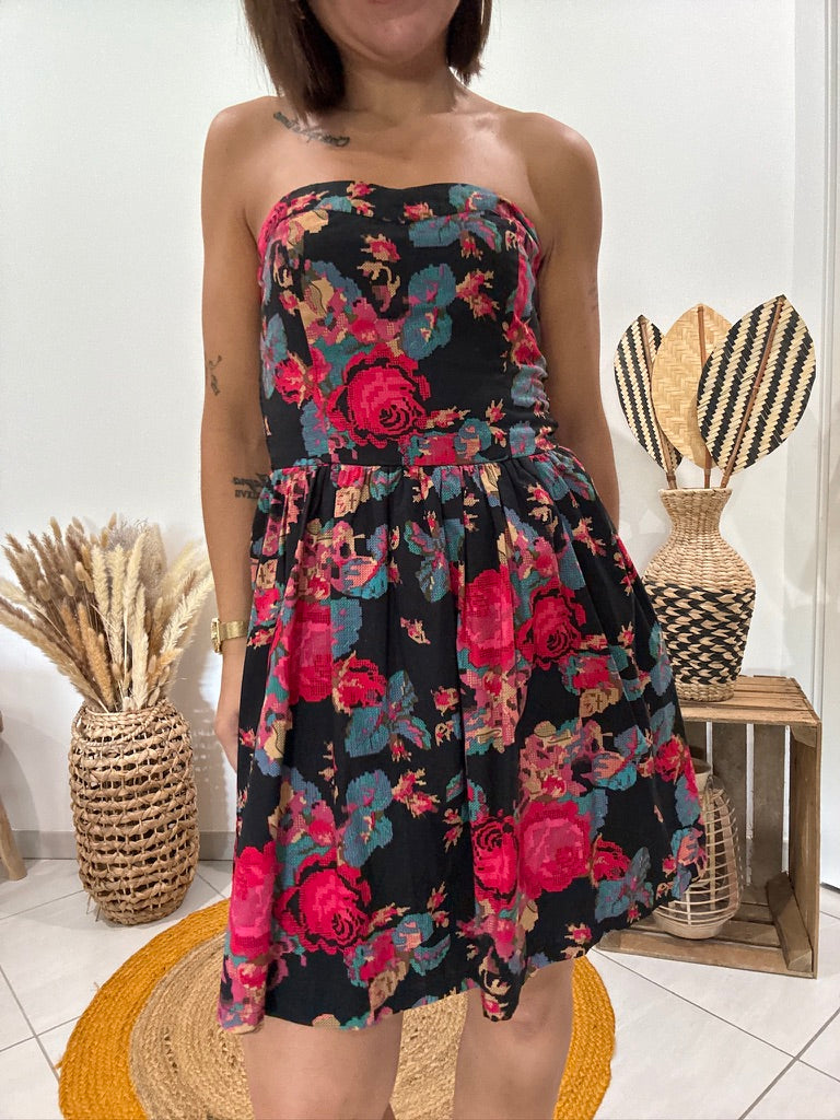Robe bustier noire imprimé fleurs rouges Cache-Cache - 36 ♻️