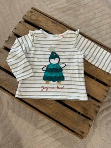 T-shirt "Joyeux Noel" blanc rayures paillettes Du Pareil au Même 12 mois ♻️