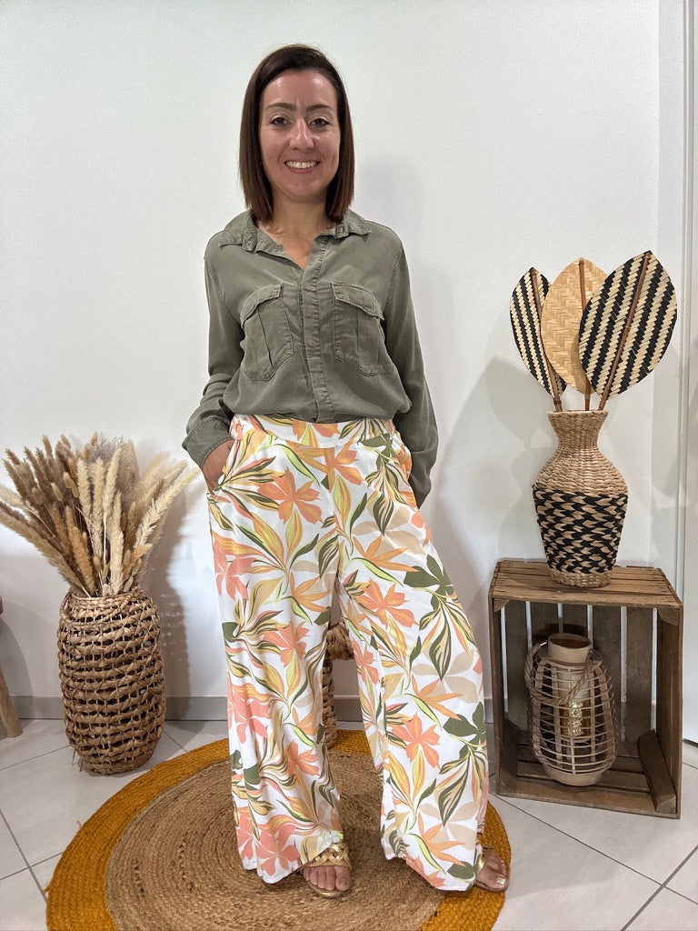 Pantalon blanc fluide imprimé floral orangé/vert Roxy - M ♻️