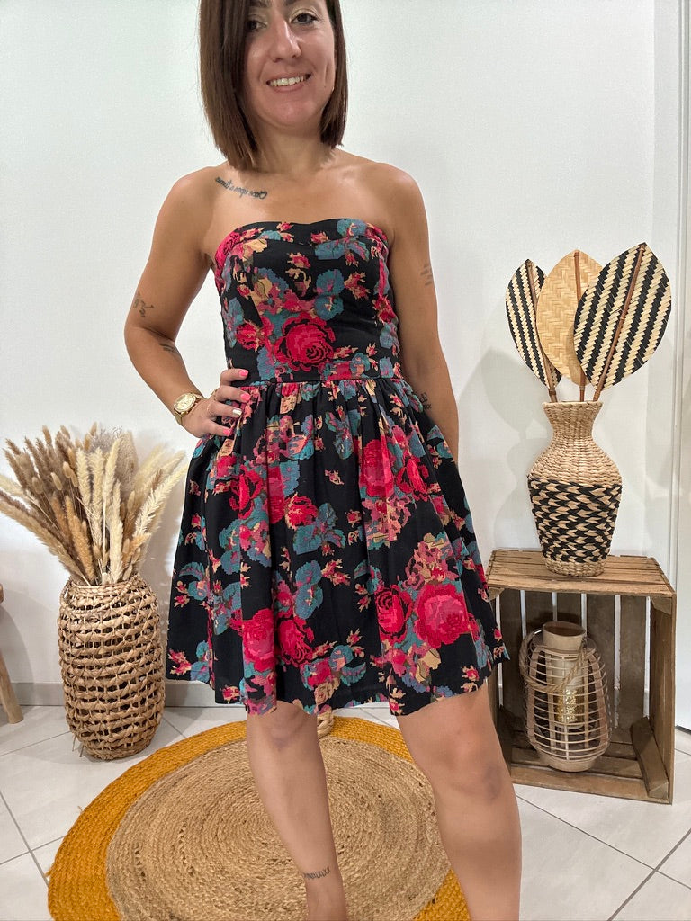 Robe bustier noire imprimé fleurs rouges Cache-Cache - 36 ♻️