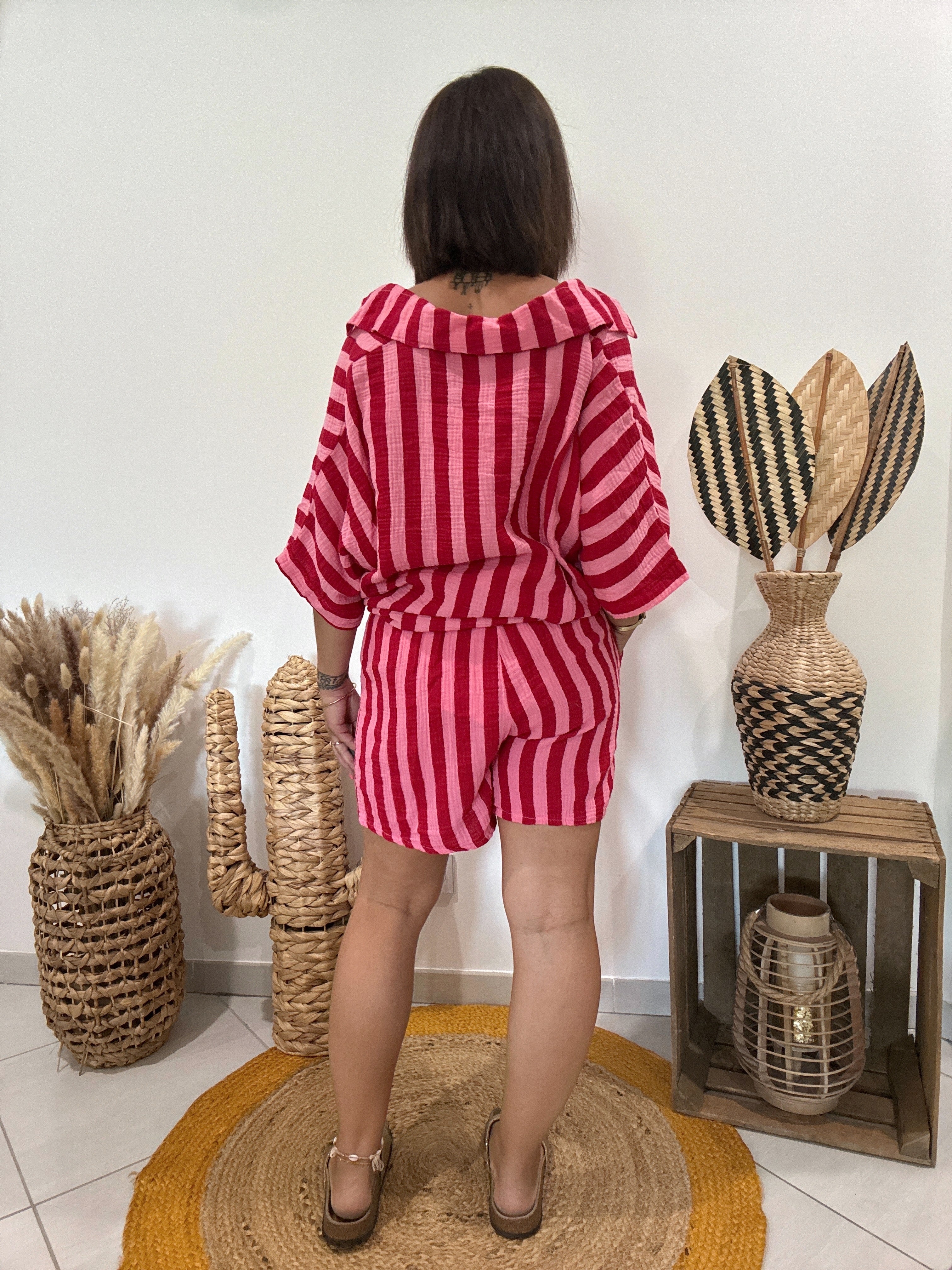 Chemise en gaz de coton rayures rose et rouge 🩷❤️