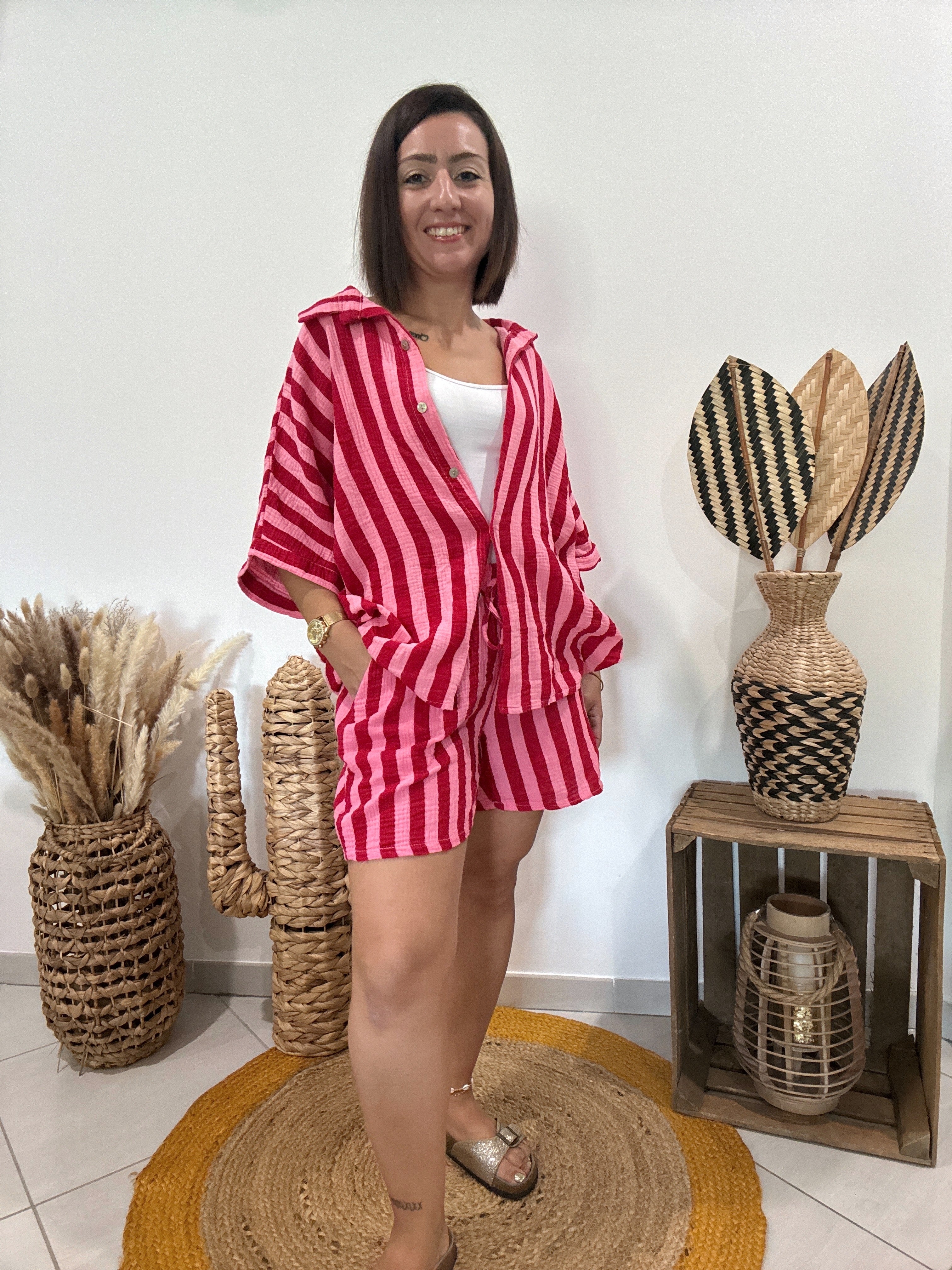 Chemise en gaz de coton rayures rose et rouge 🩷❤️