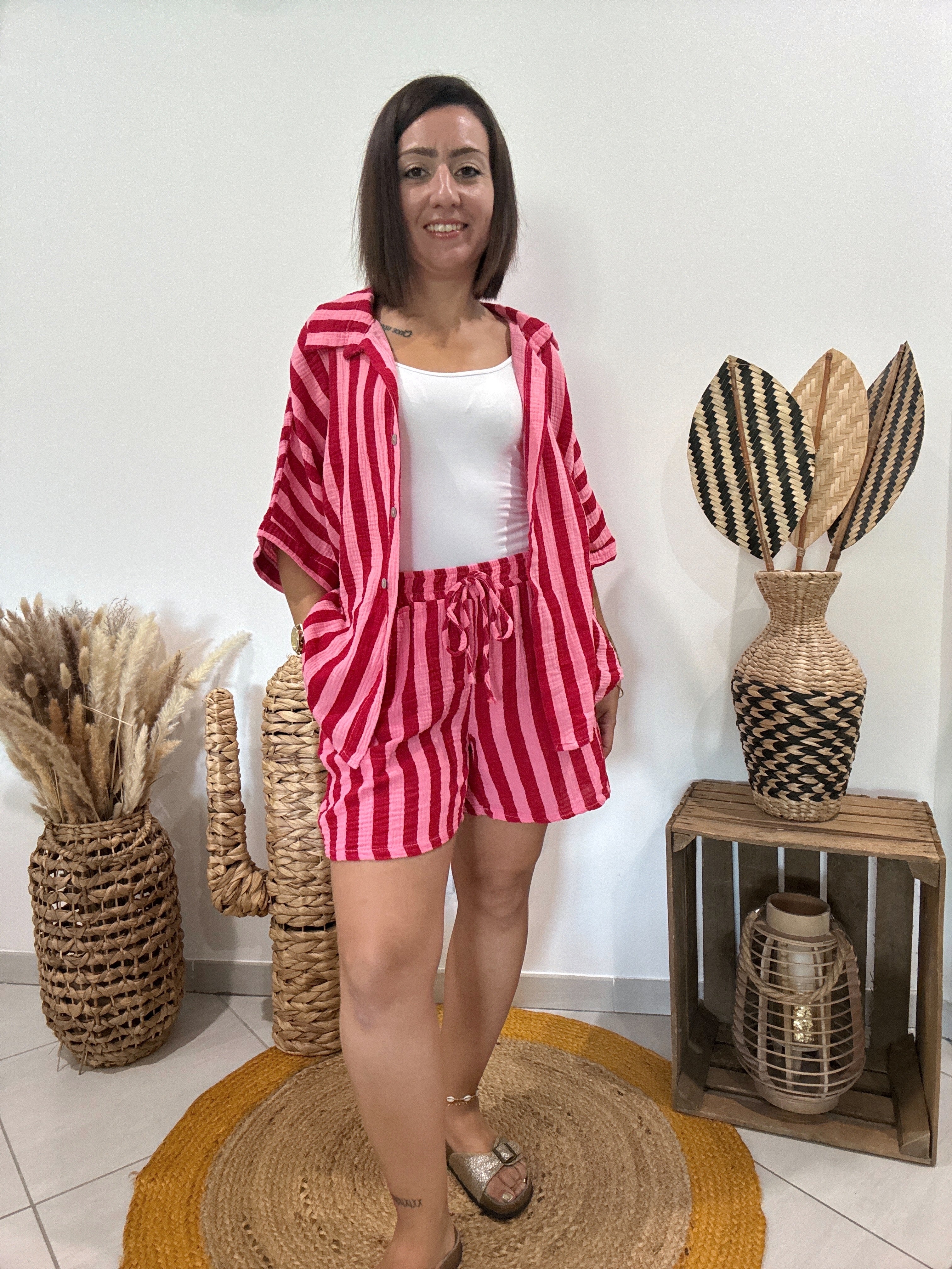 Chemise en gaz de coton rayures rose et rouge 🩷❤️