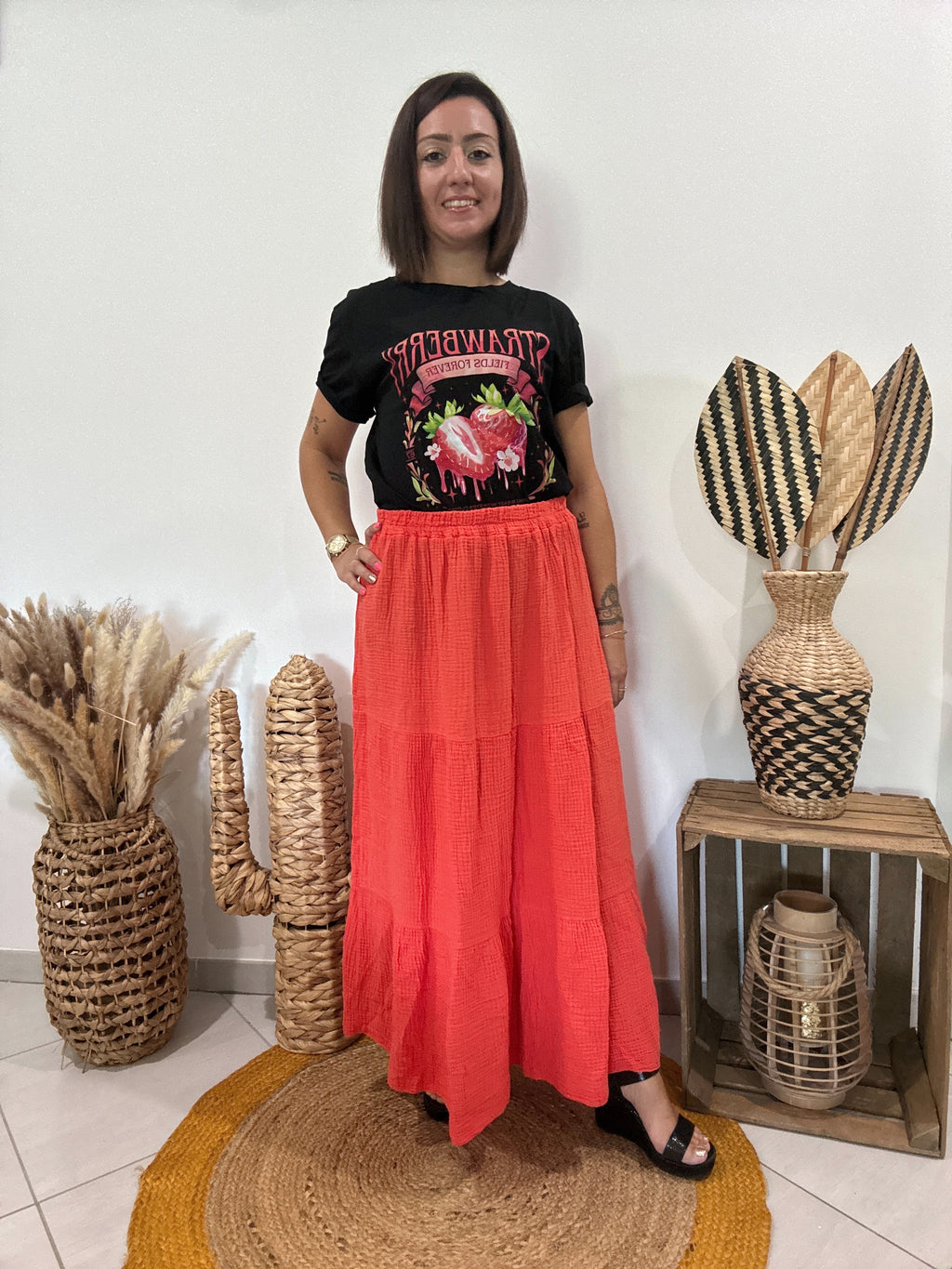 Jupe longue en gaz de coton orange