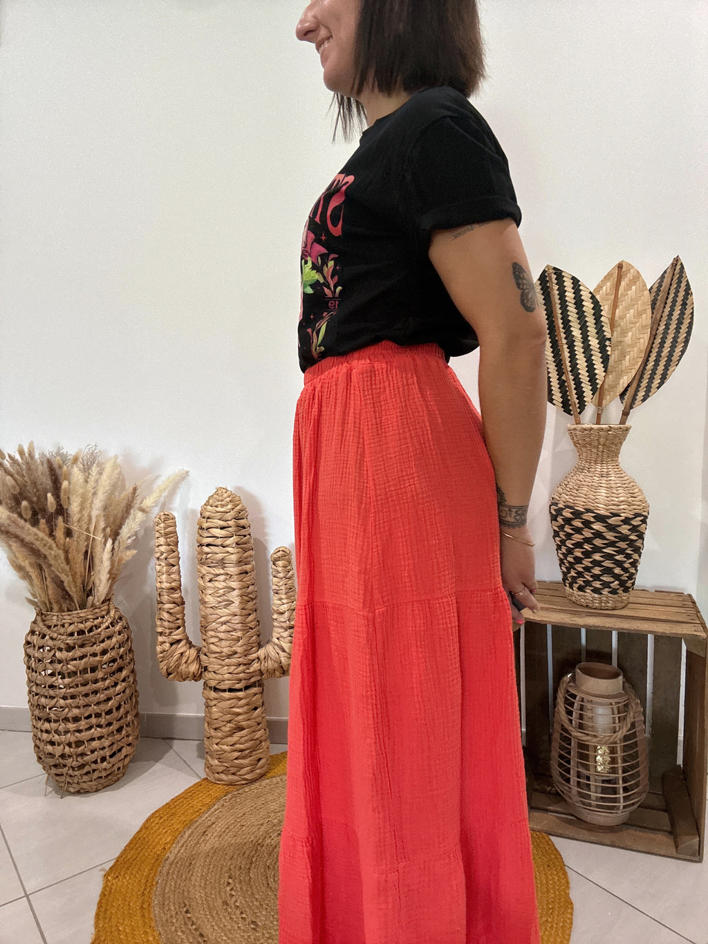 Jupe longue en gaz de coton orange
