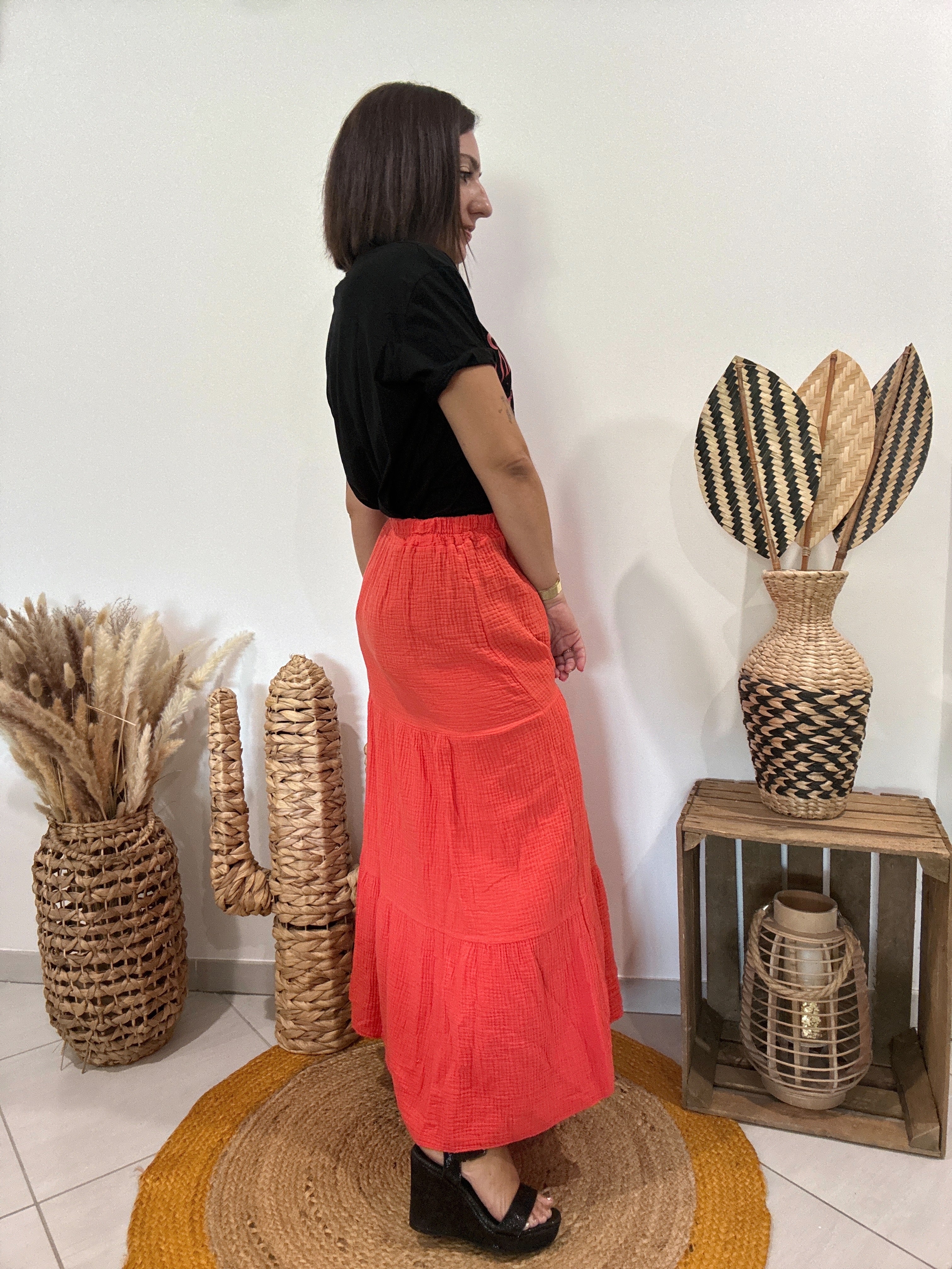 Jupe longue en gaz de coton orange