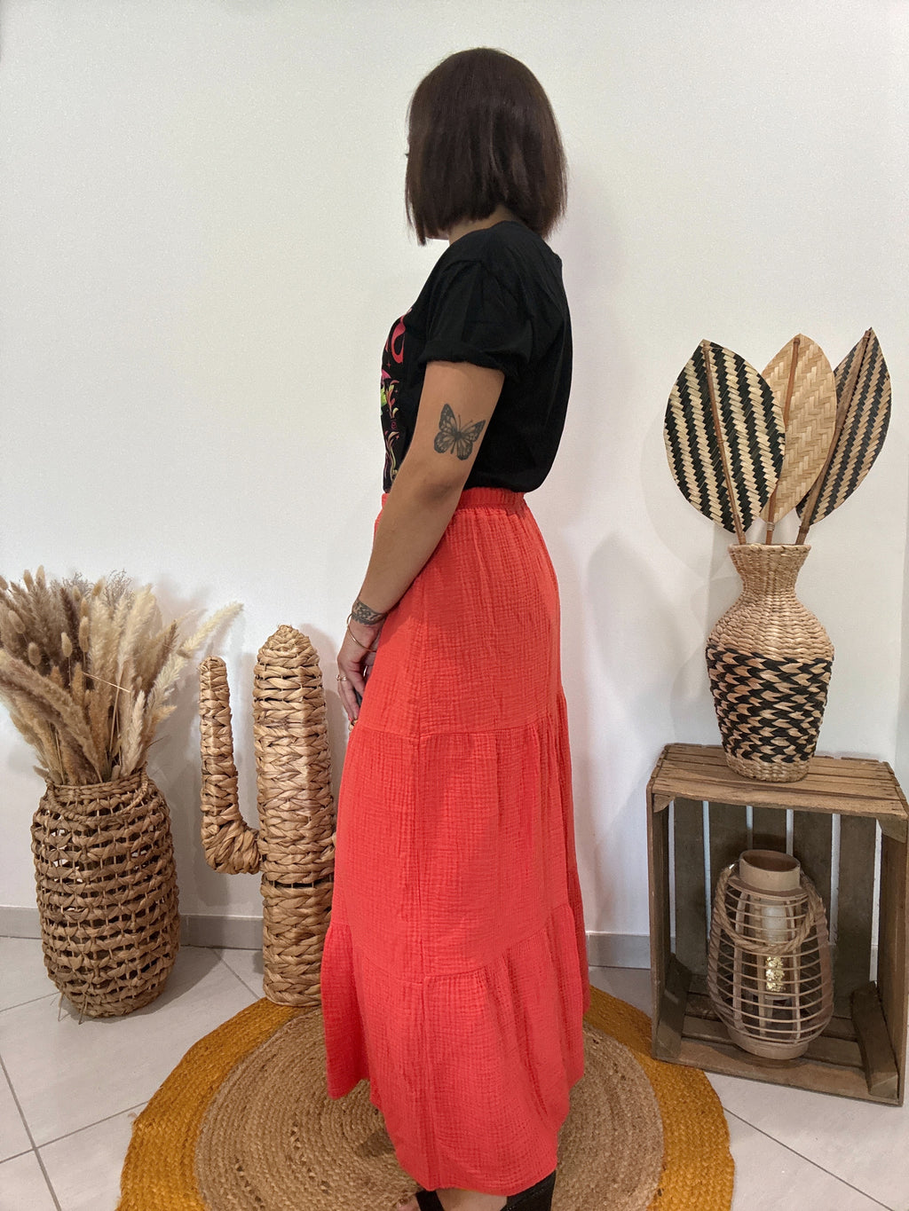 Jupe longue en gaz de coton orange