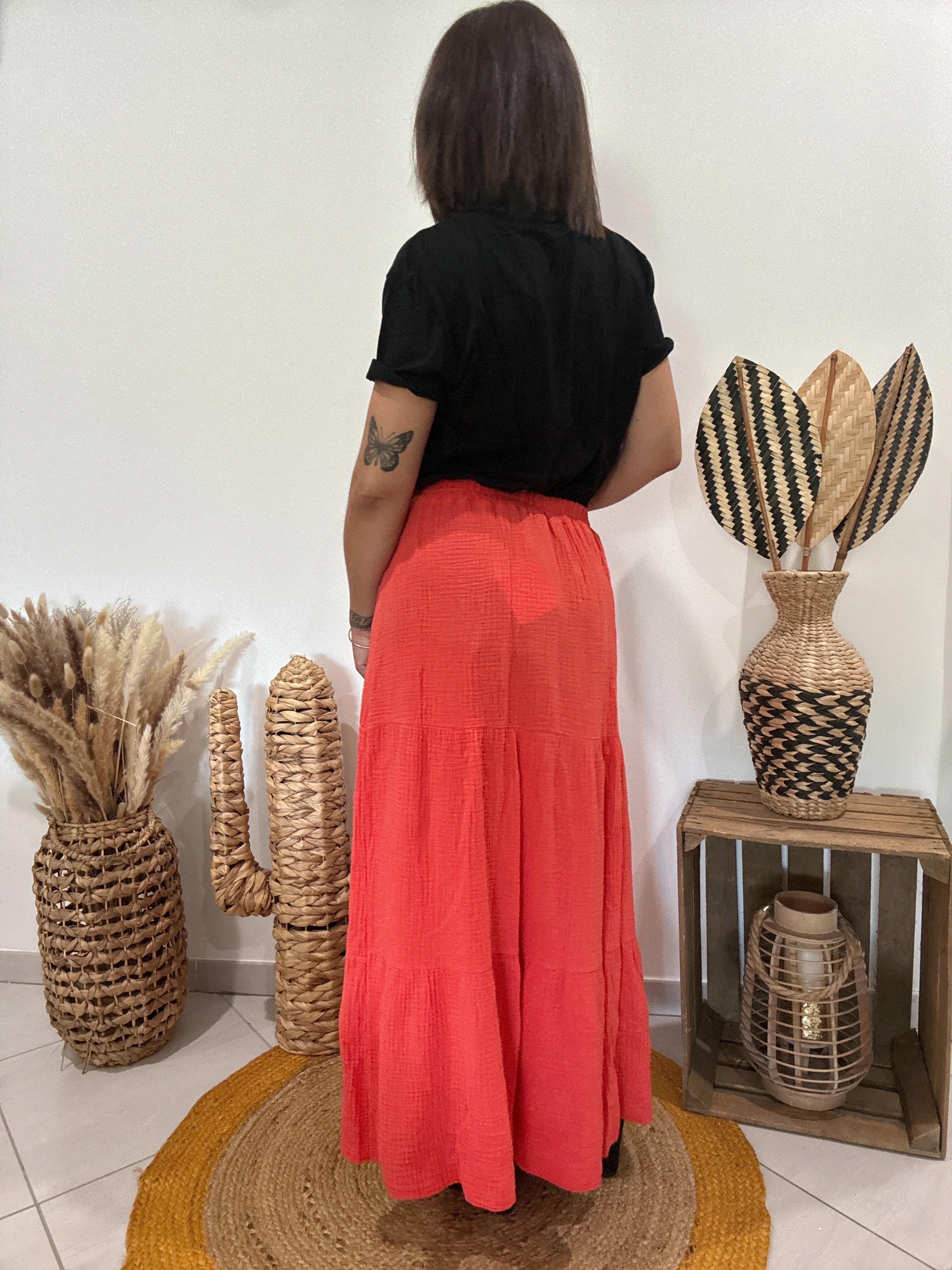 Jupe longue en gaz de coton orange