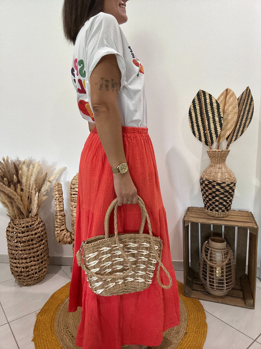 Sac panier en paille tressée camel