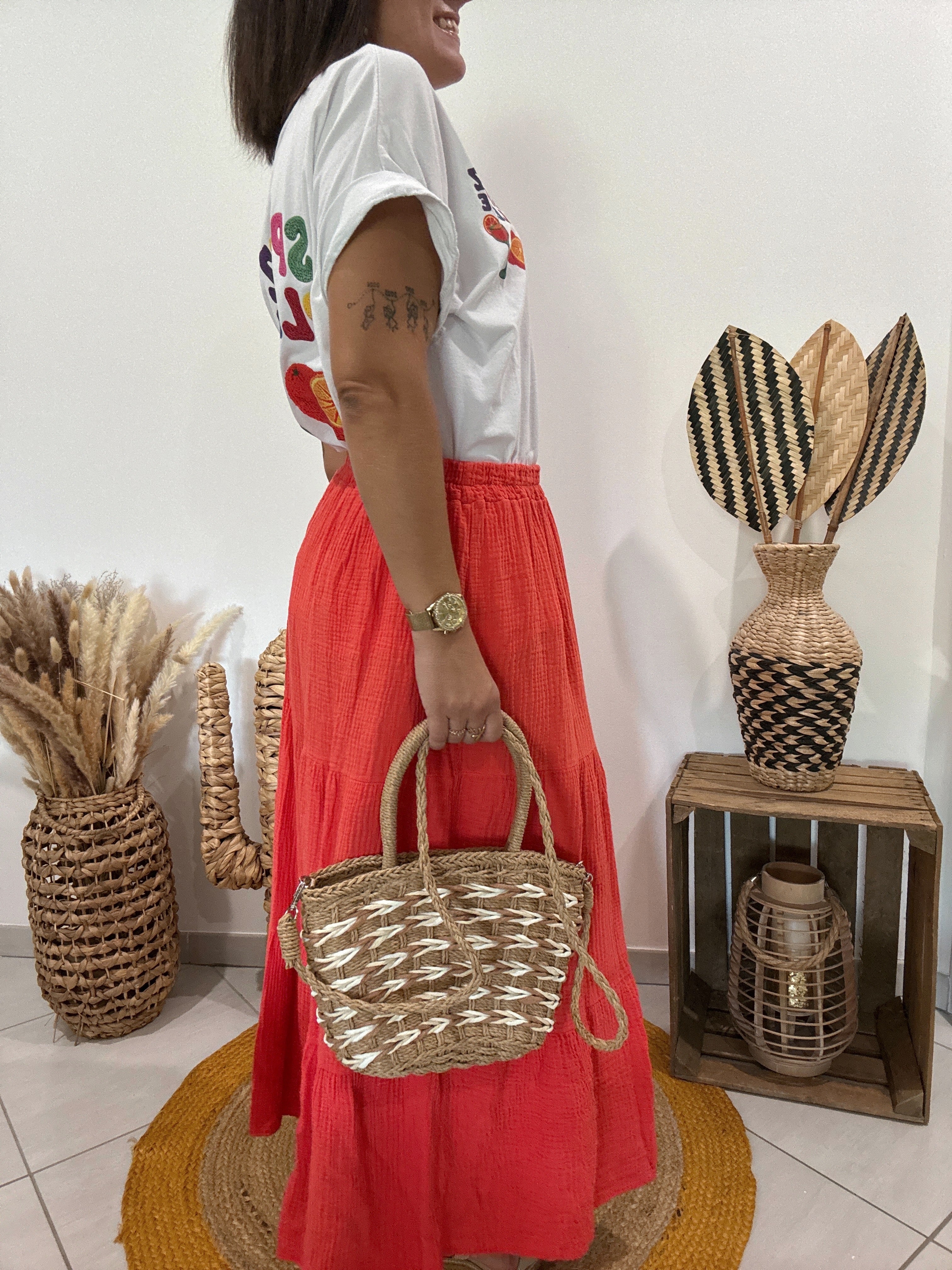 Sac panier en paille tressée camel