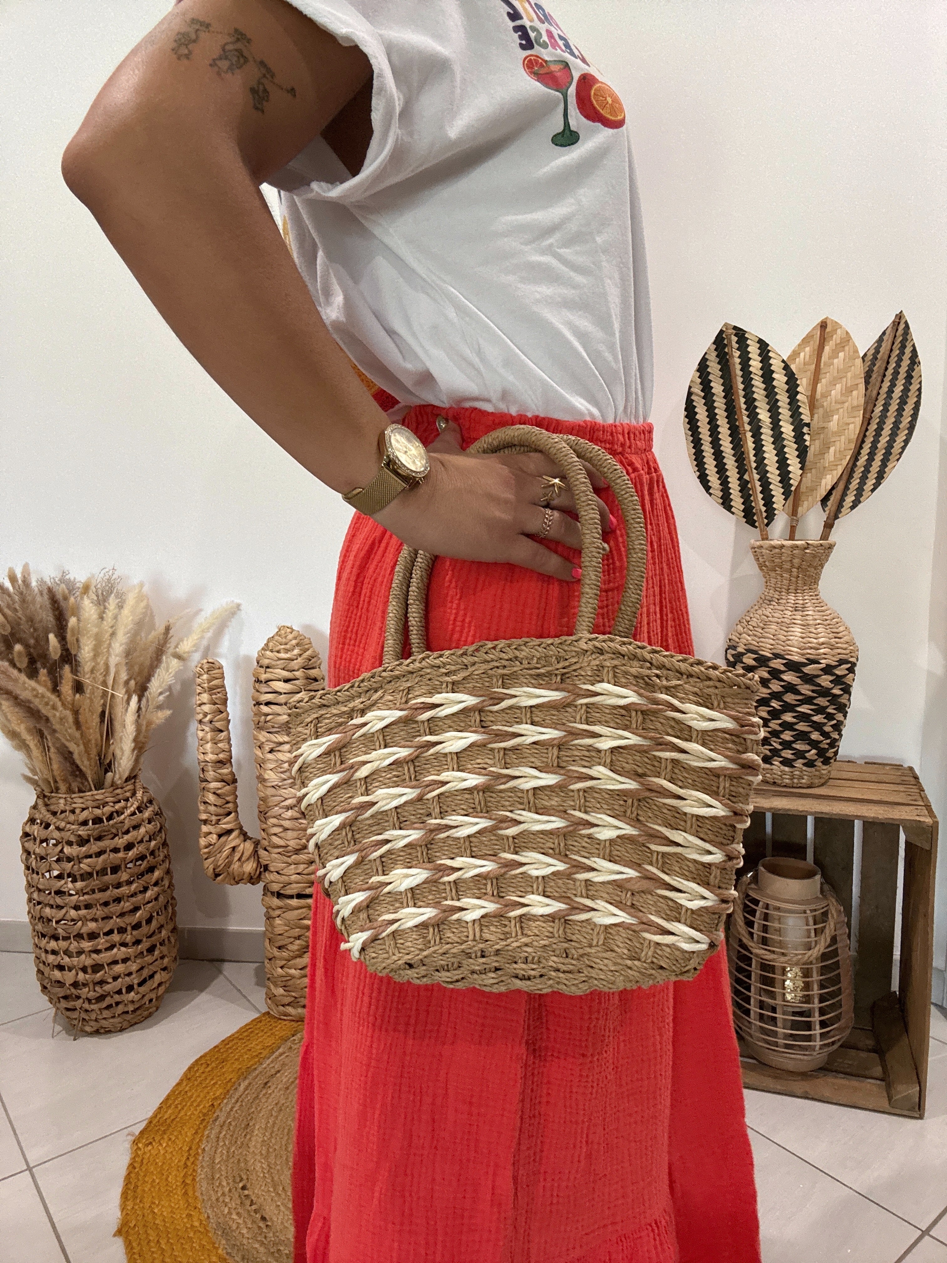 Sac panier en paille tressée camel