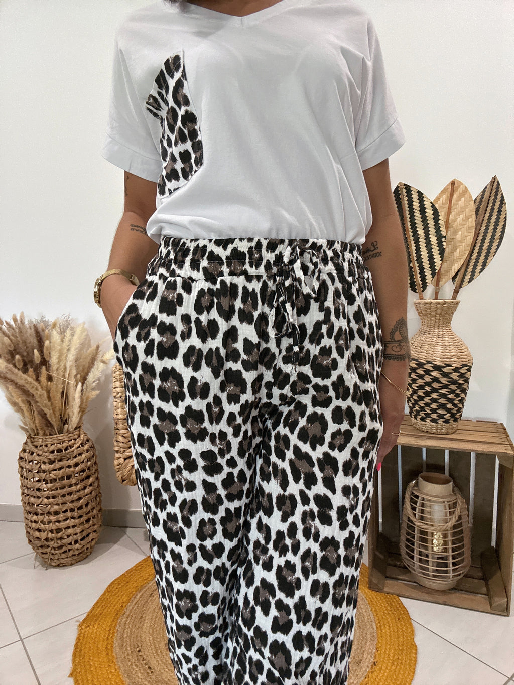 Pantalon en gaz de coton imprimé léopard 🐆