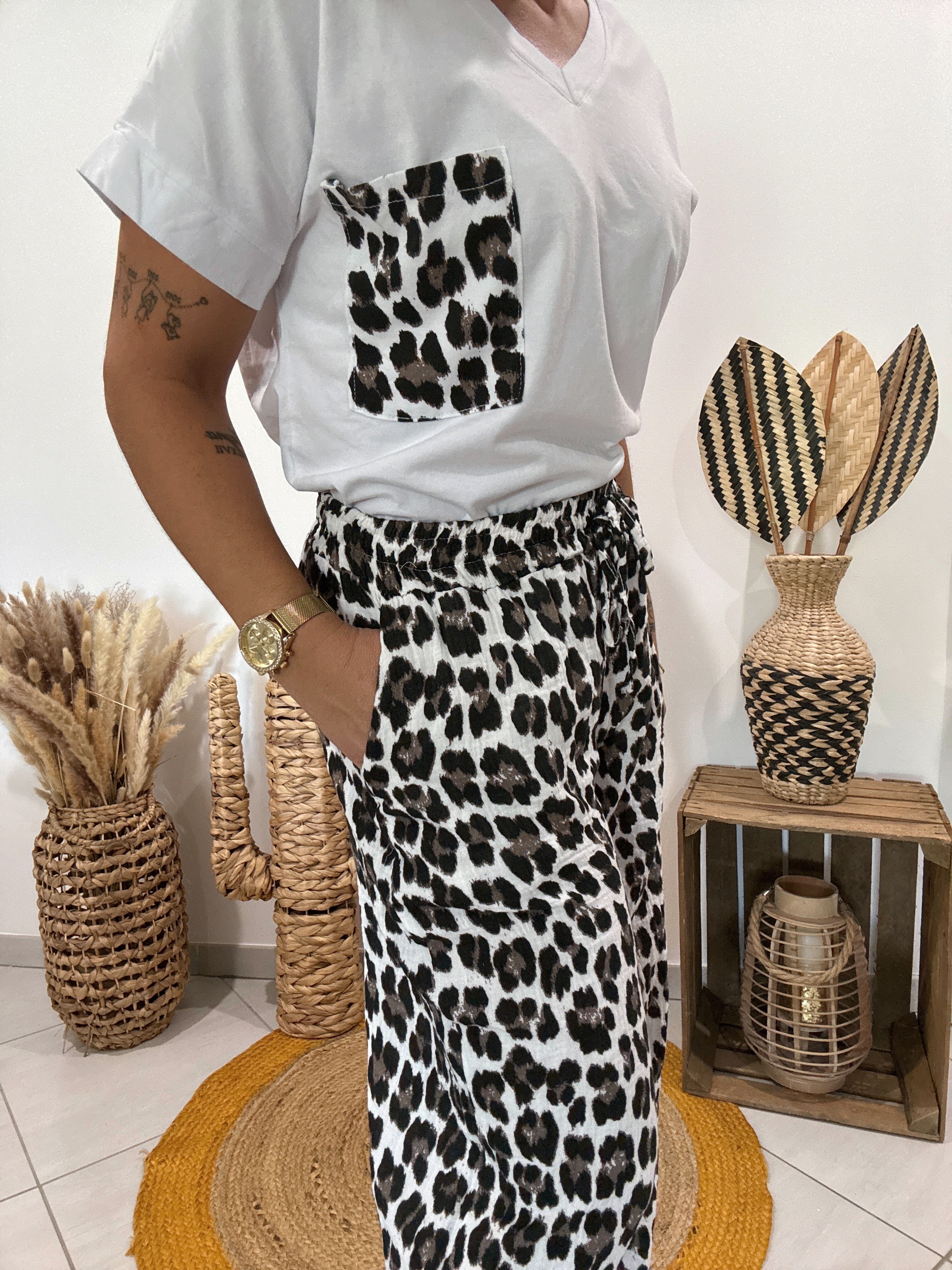 Pantalon en gaz de coton imprimé léopard 🐆