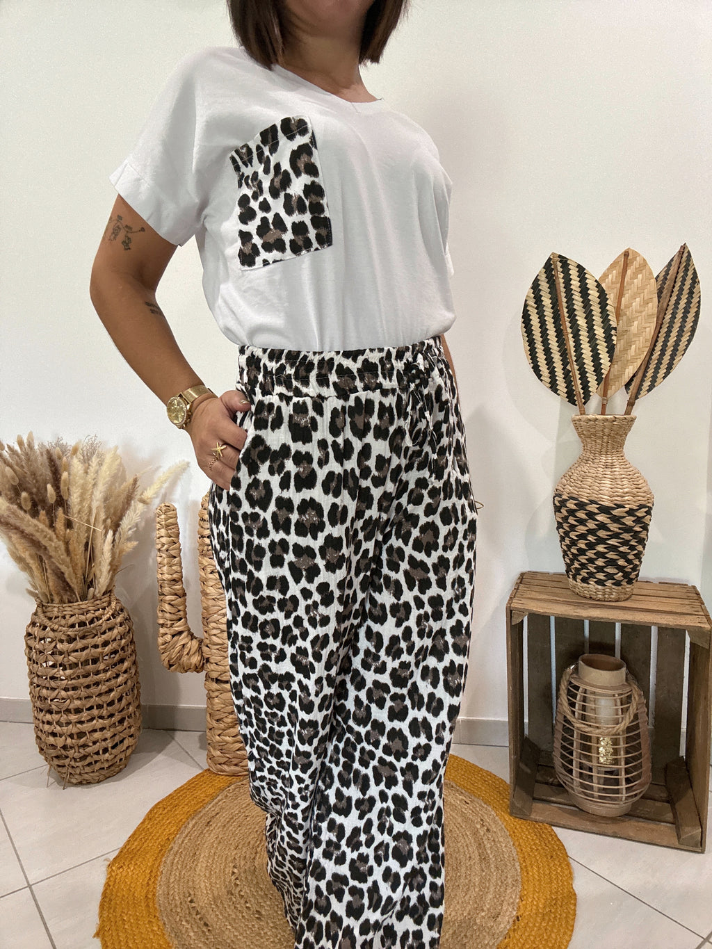 Pantalon en gaz de coton imprimé léopard 🐆
