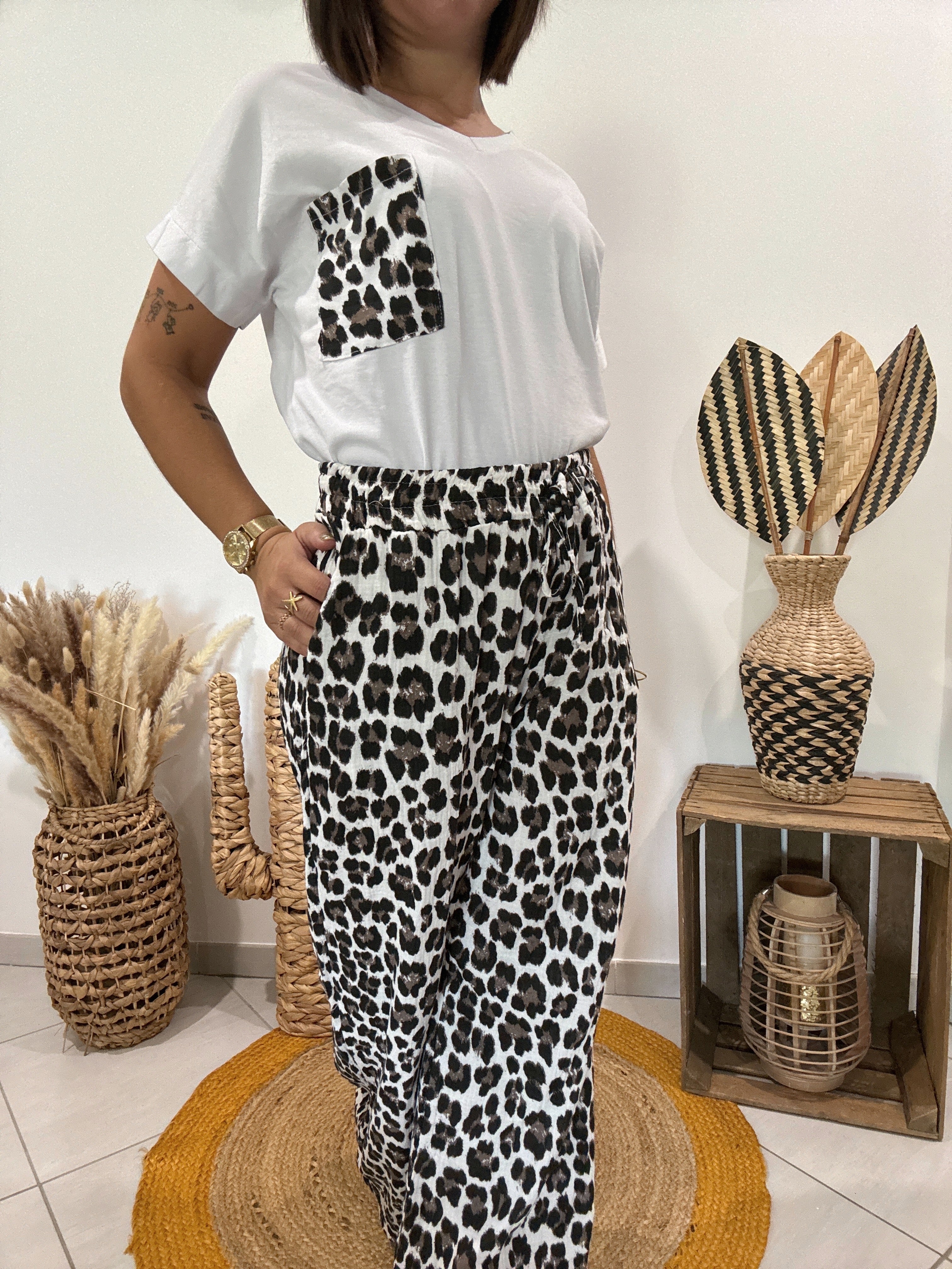 Pantalon en gaz de coton imprimé léopard 🐆