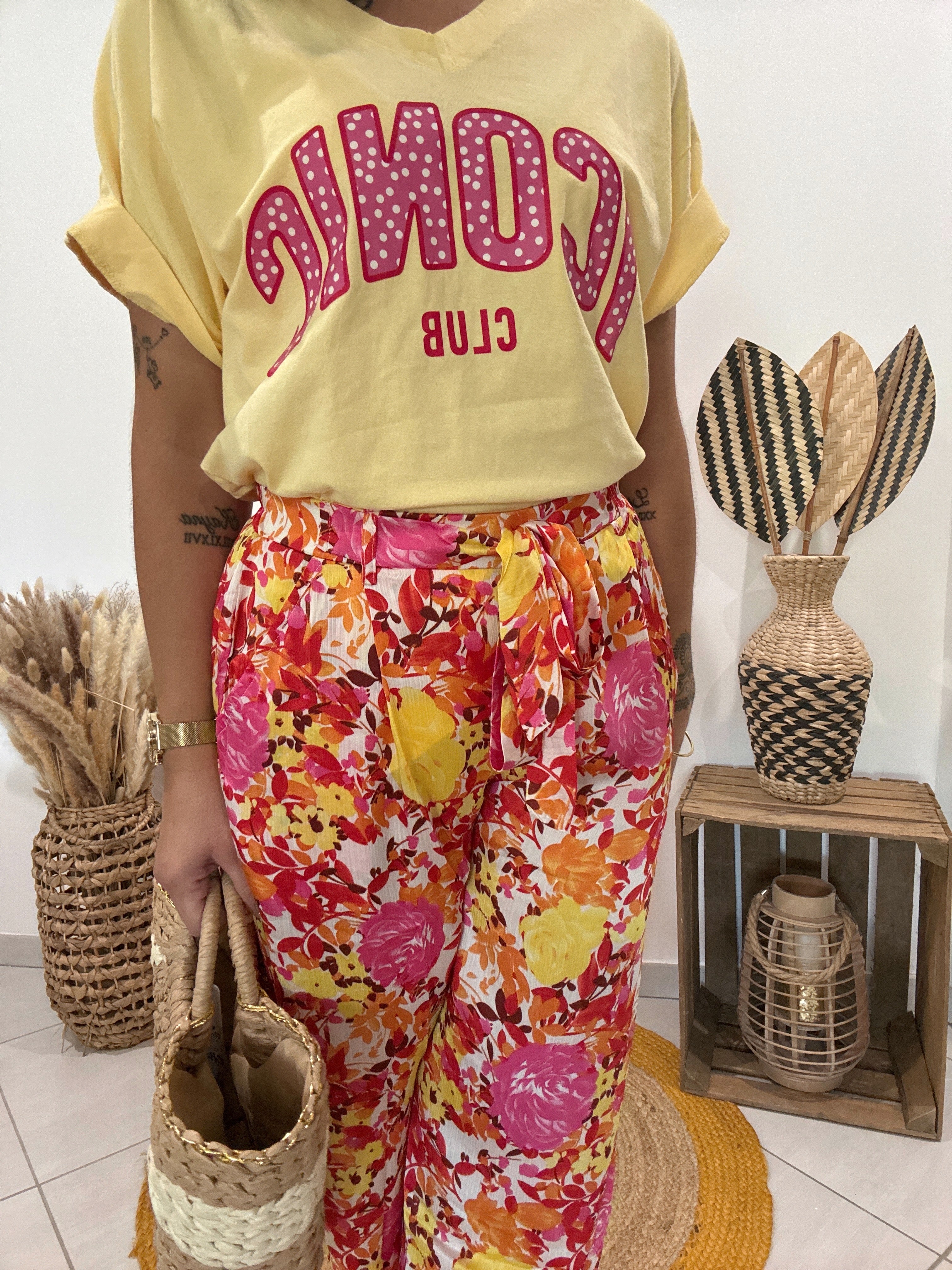 Pantalon fluide fleuri jaune