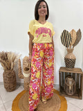 Pantalon fluide fleuri jaune