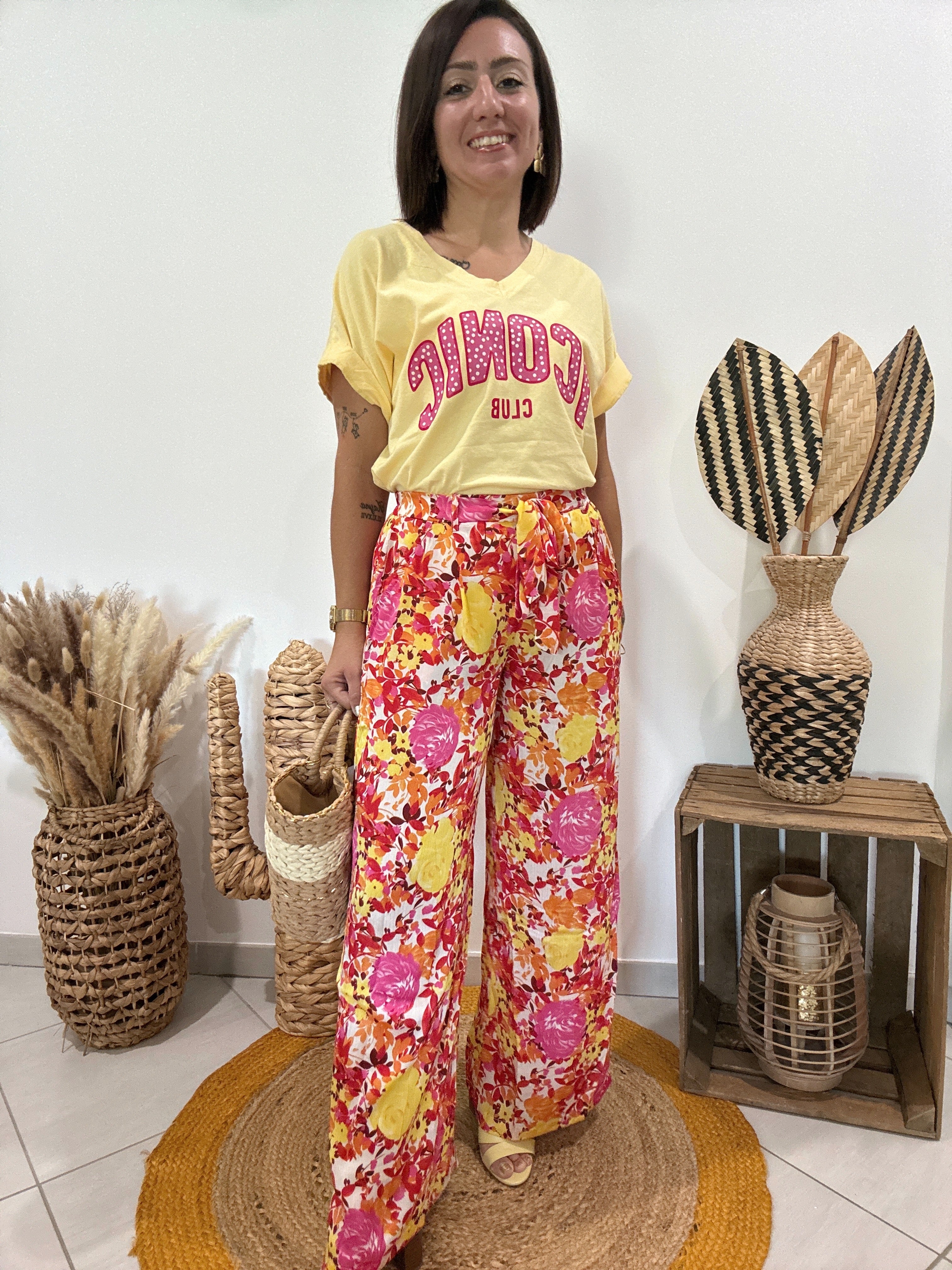 Pantalon fluide fleuri jaune