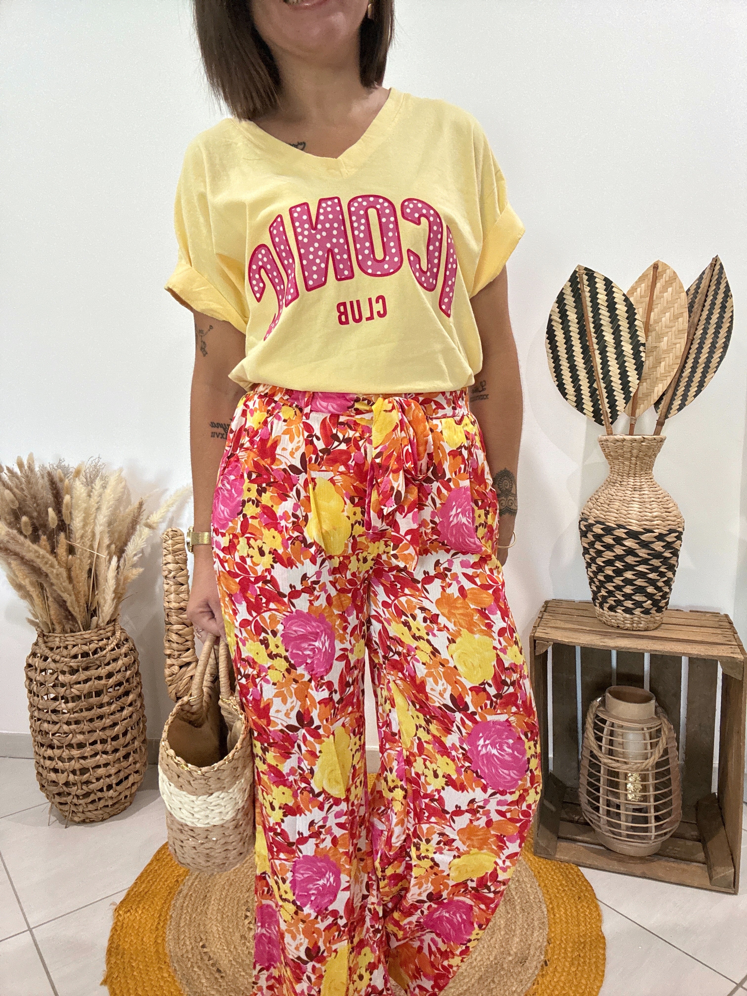 Pantalon fluide fleuri jaune
