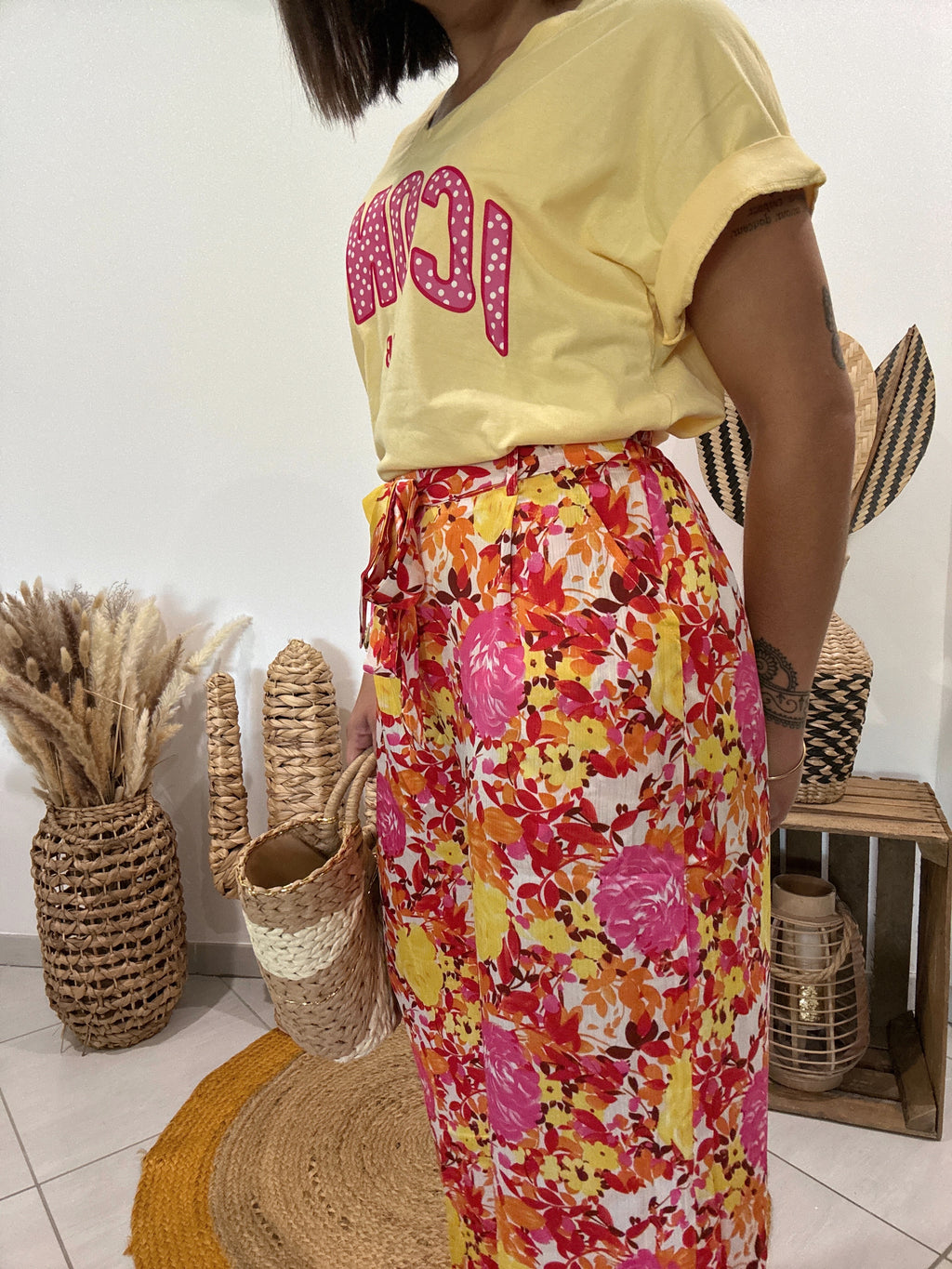 Pantalon fluide fleuri jaune