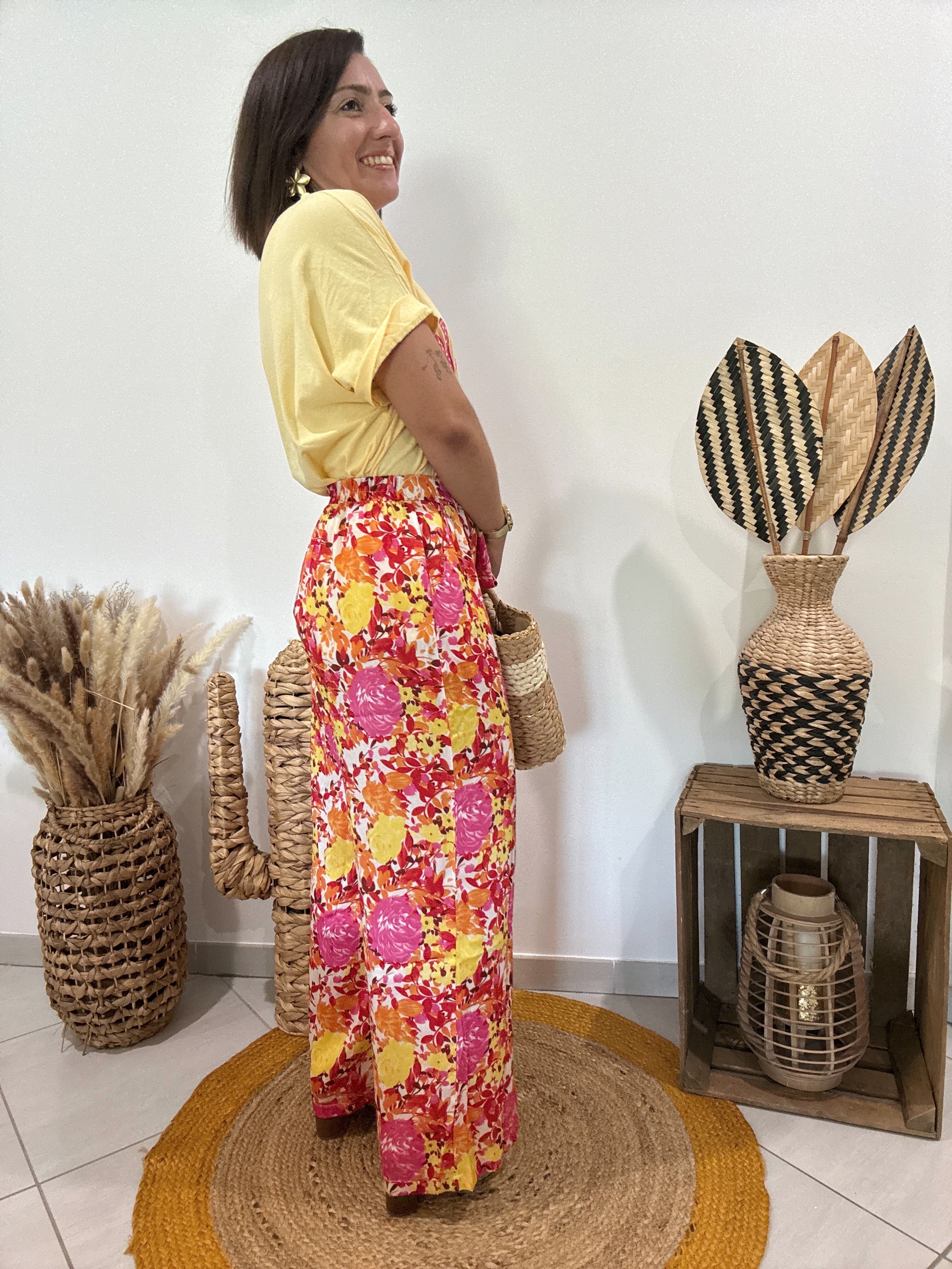 Pantalon fluide fleuri jaune