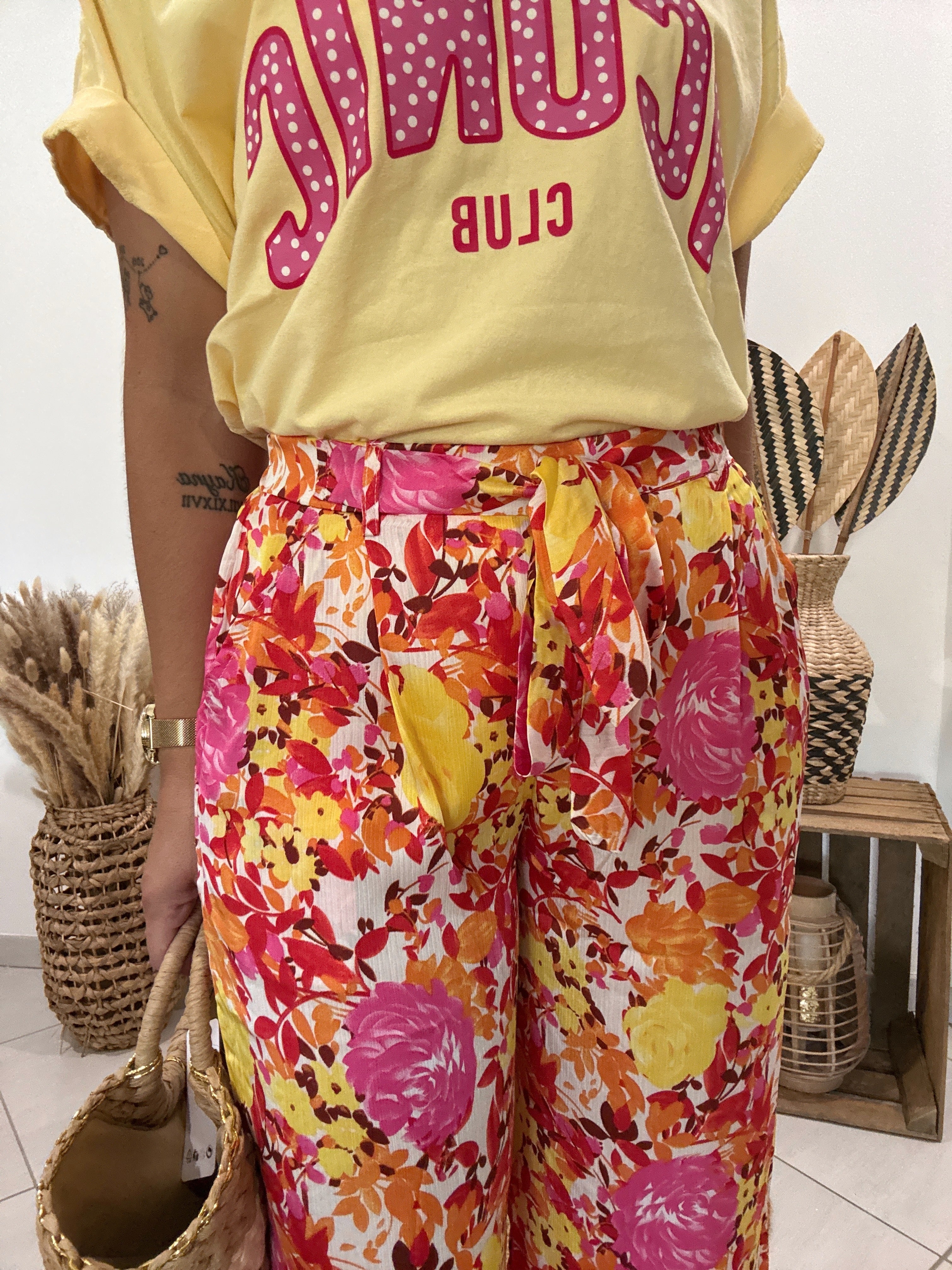 Pantalon fluide fleuri jaune