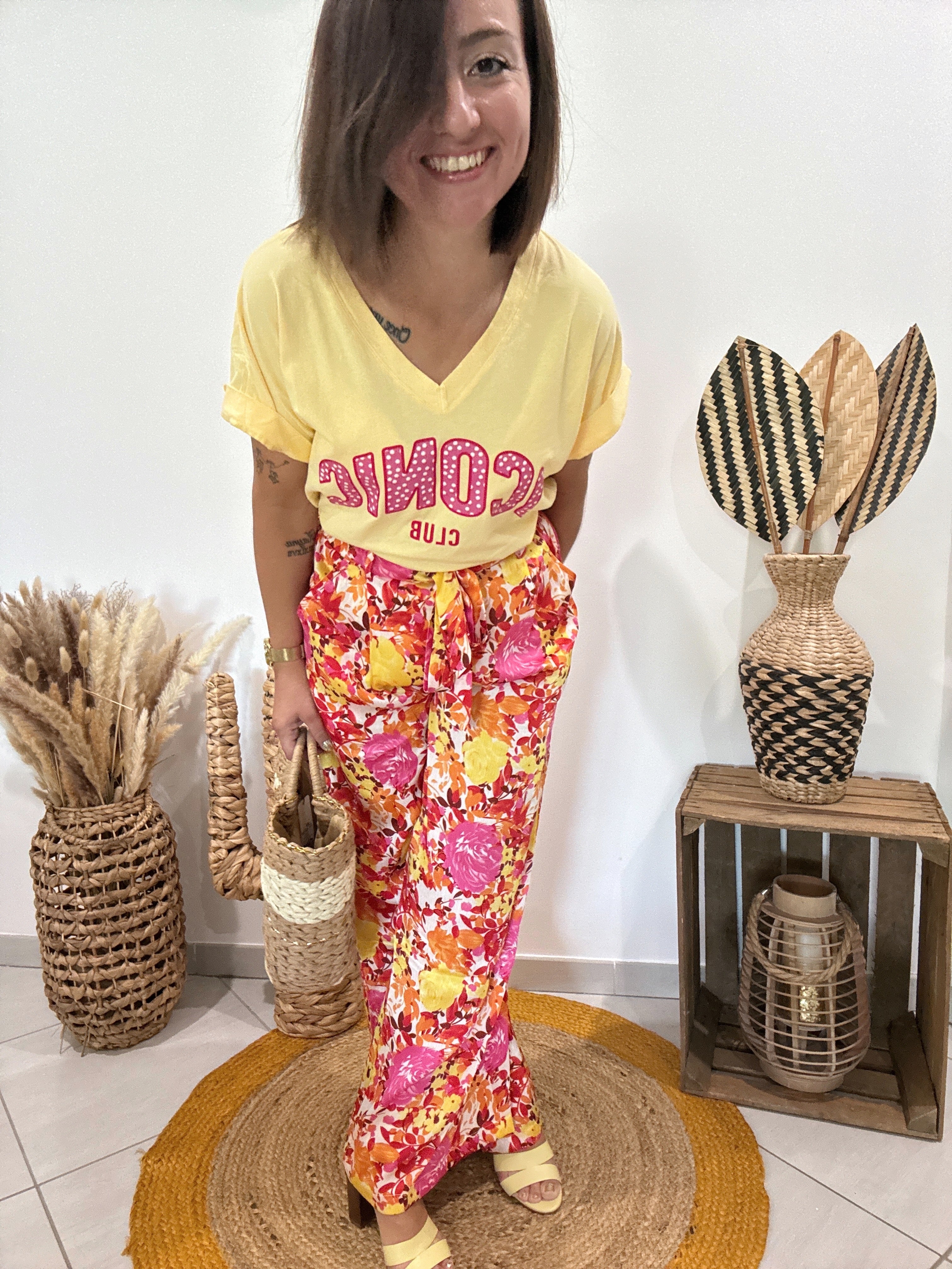 Pantalon fluide fleuri jaune