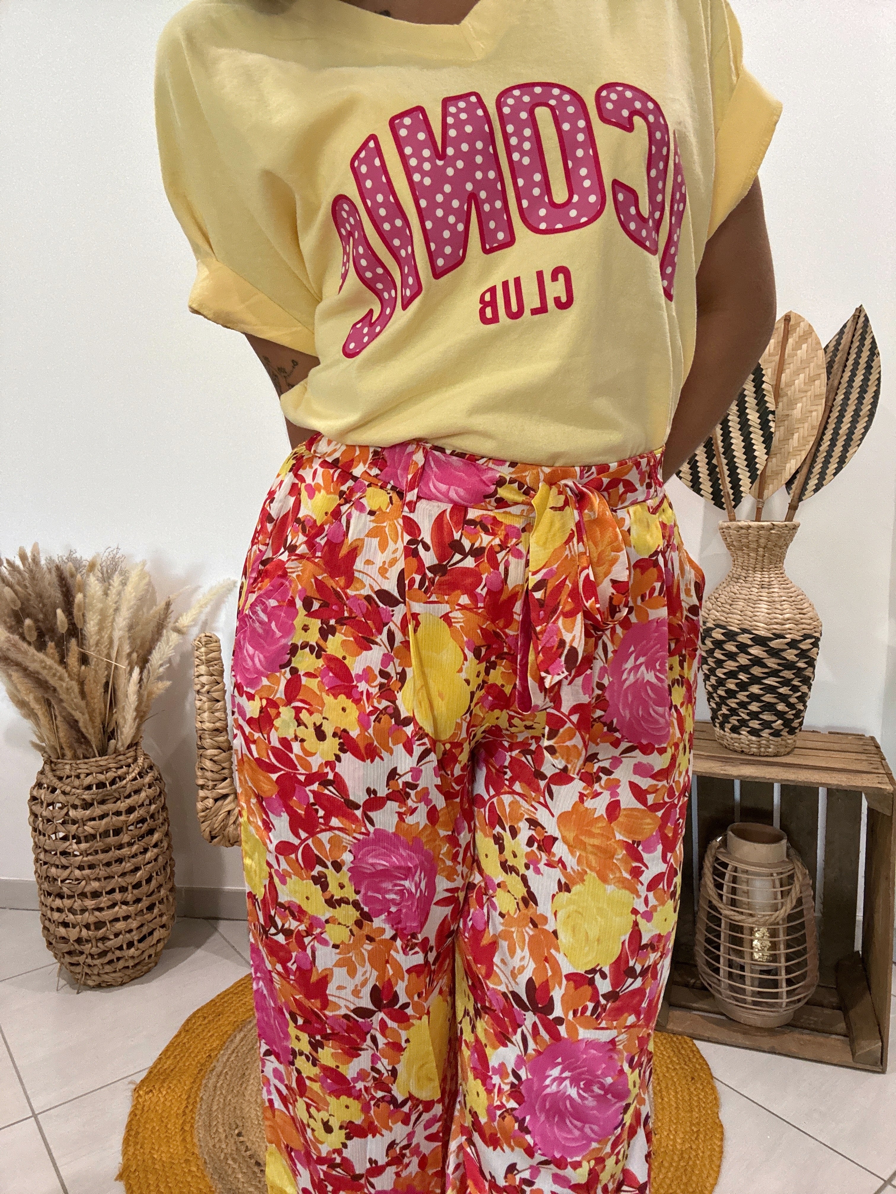 Pantalon fluide fleuri jaune