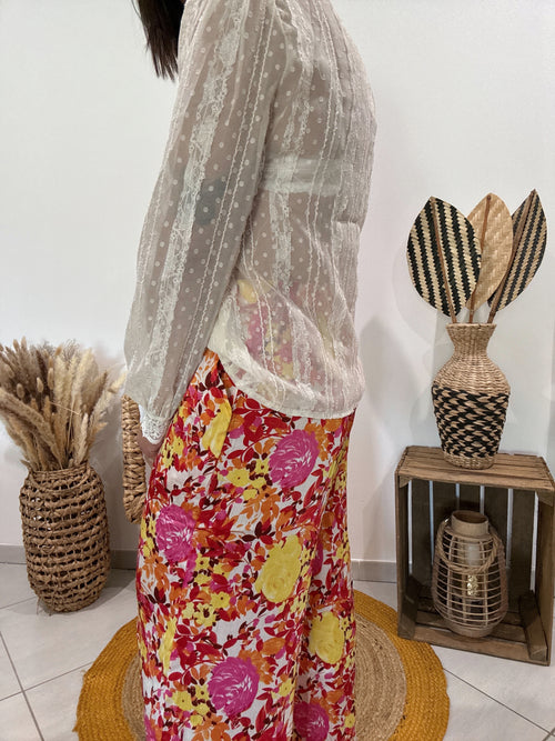 Blouse avec détail dentelle et transparence écru