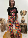 Pantalon fluide fleuri noir