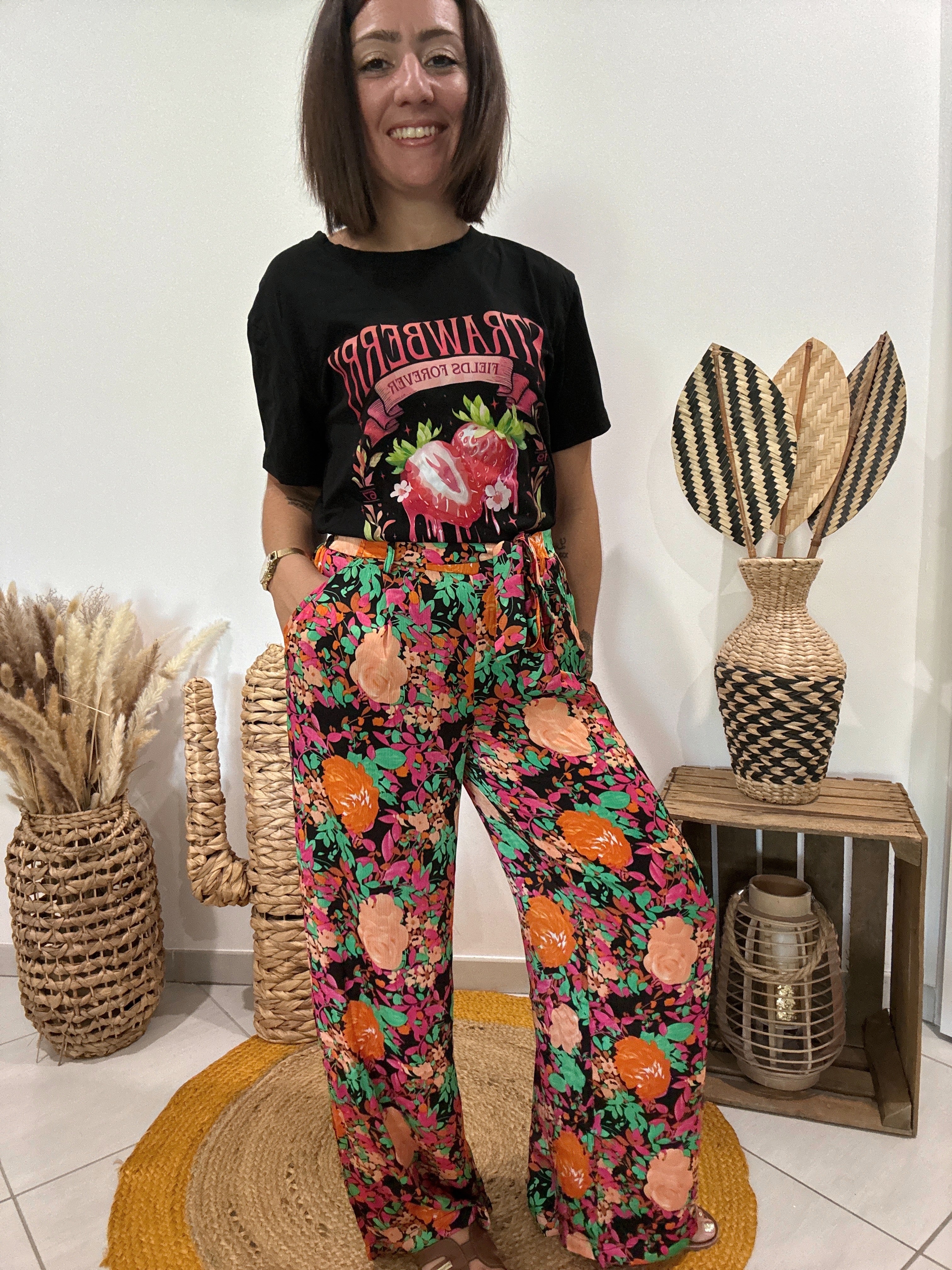 Pantalon fluide fleuri noir