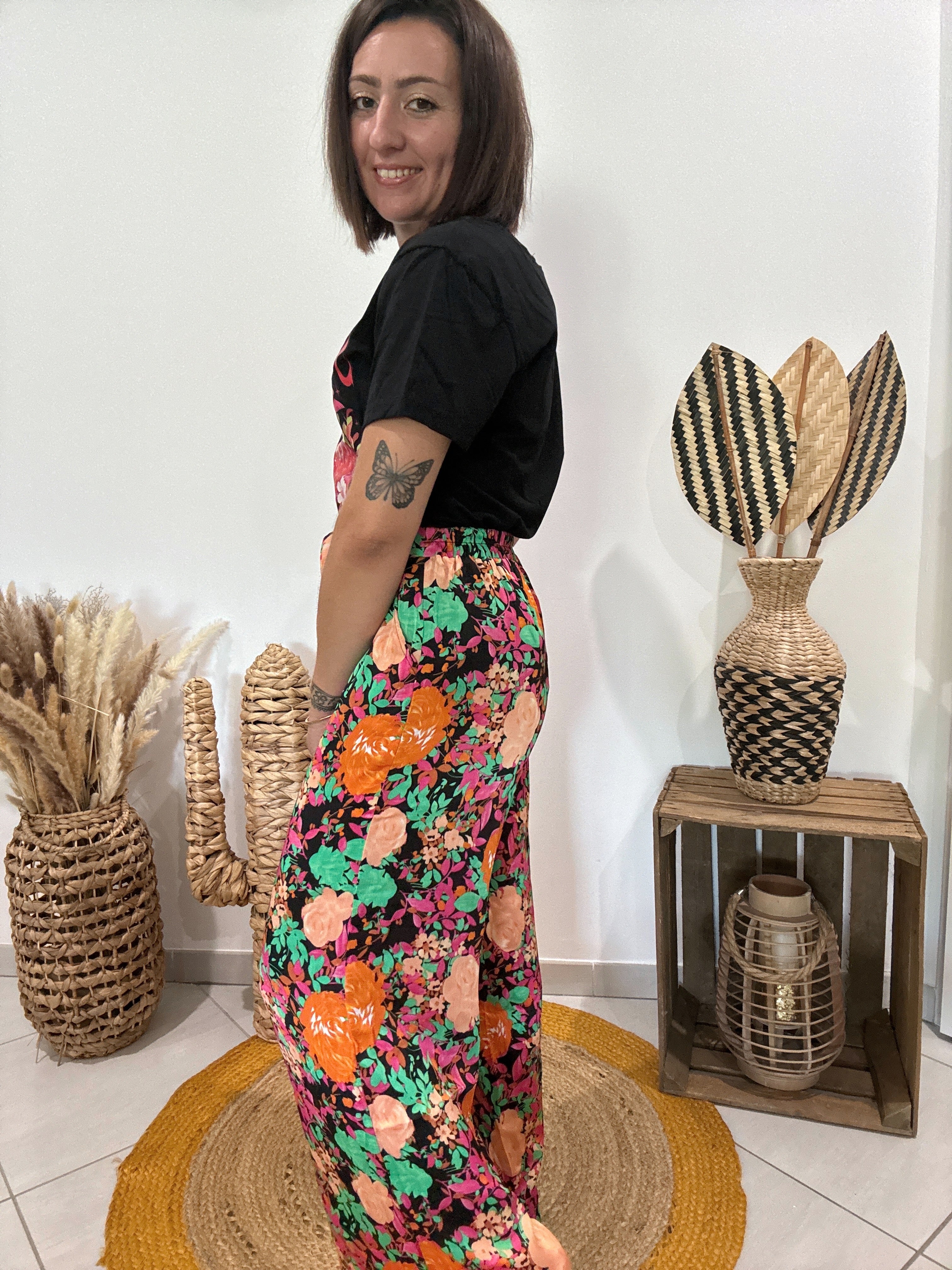 Pantalon fluide fleuri noir
