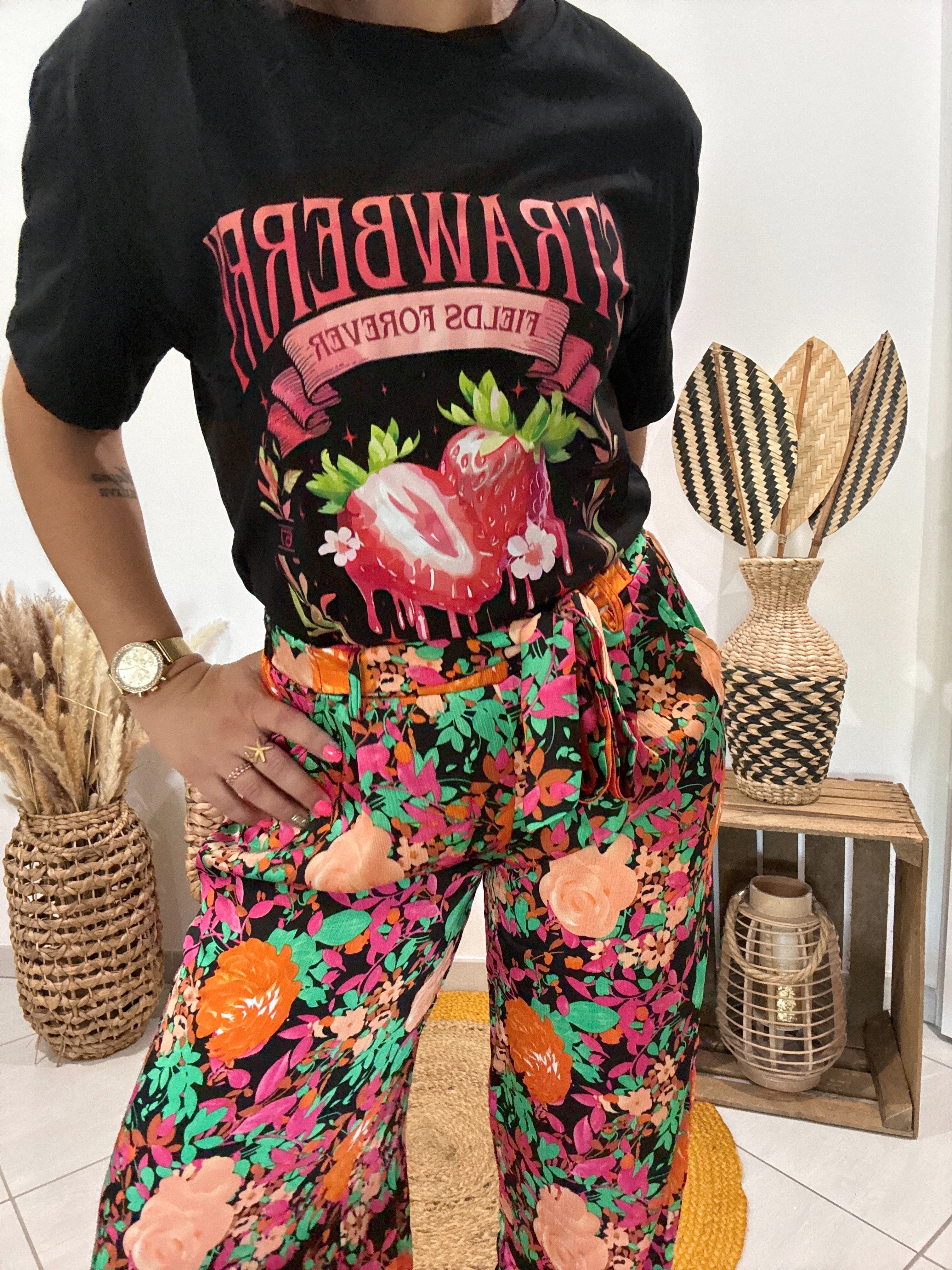 Pantalon fluide fleuri noir