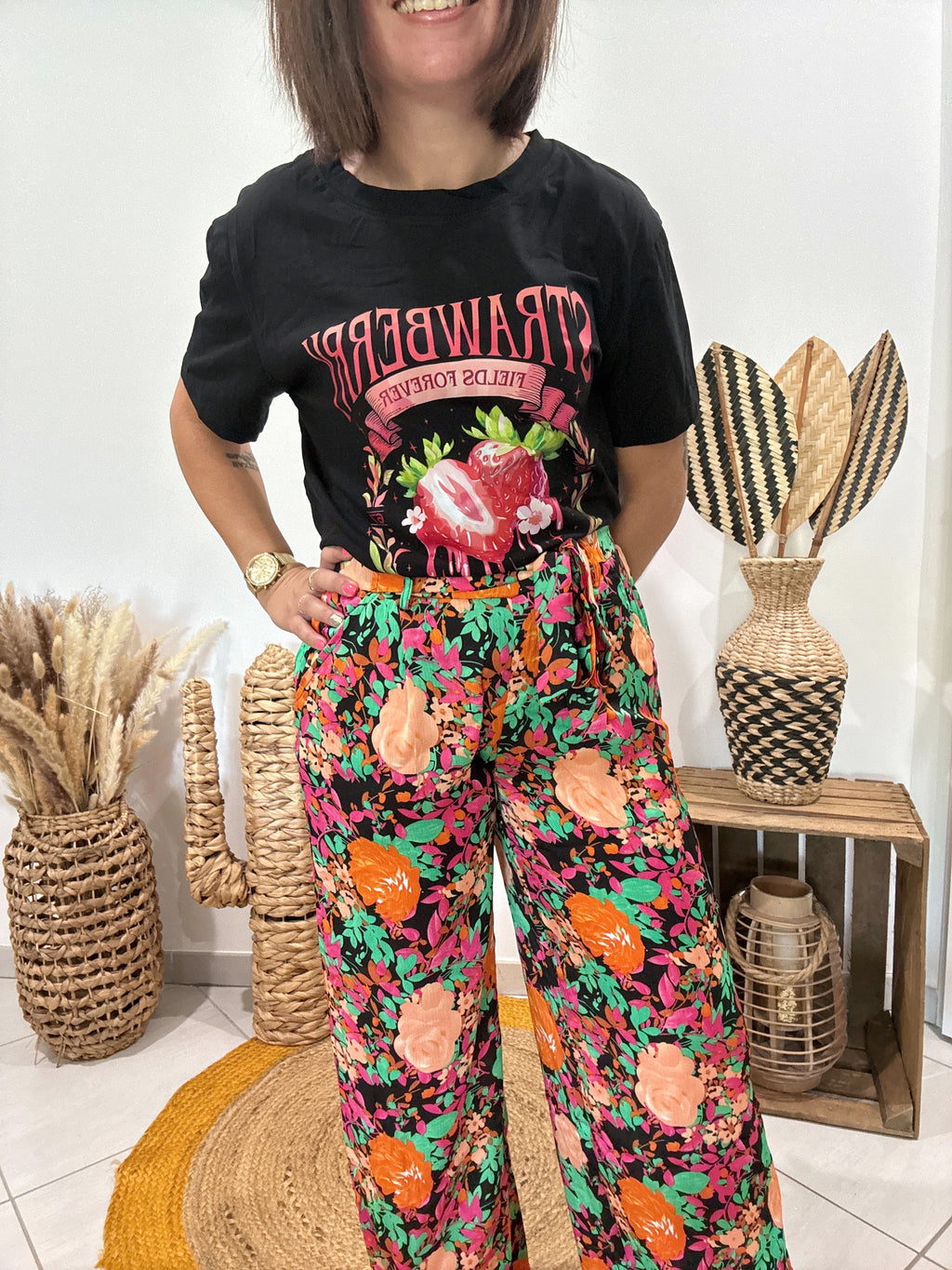 Pantalon fluide fleuri noir