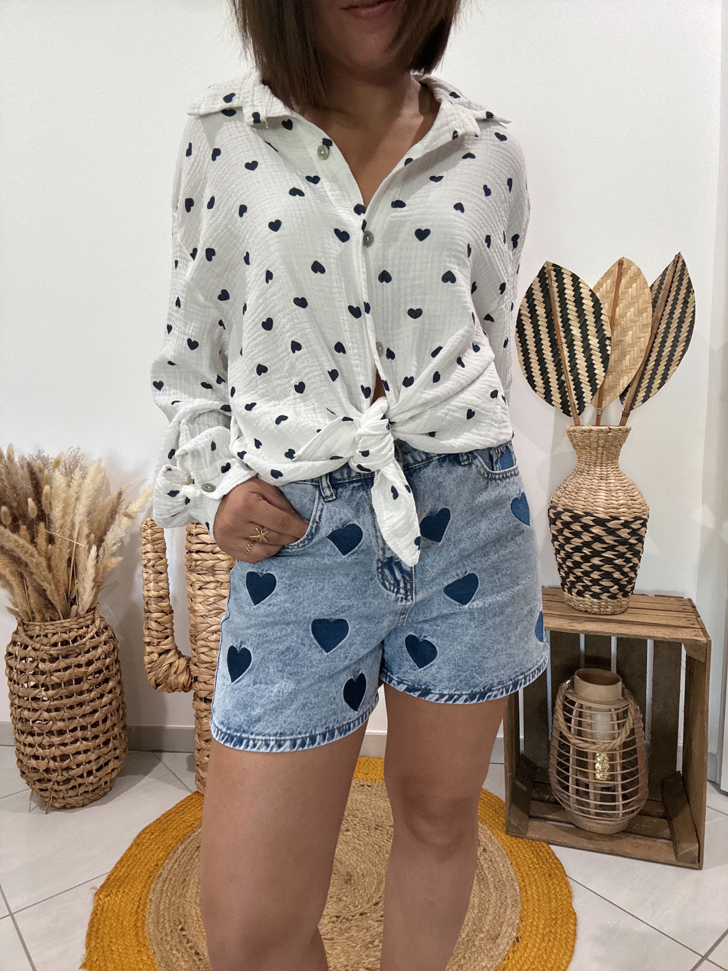 Chemise blanche en gaz de coton imprimé coeur bleu 💙