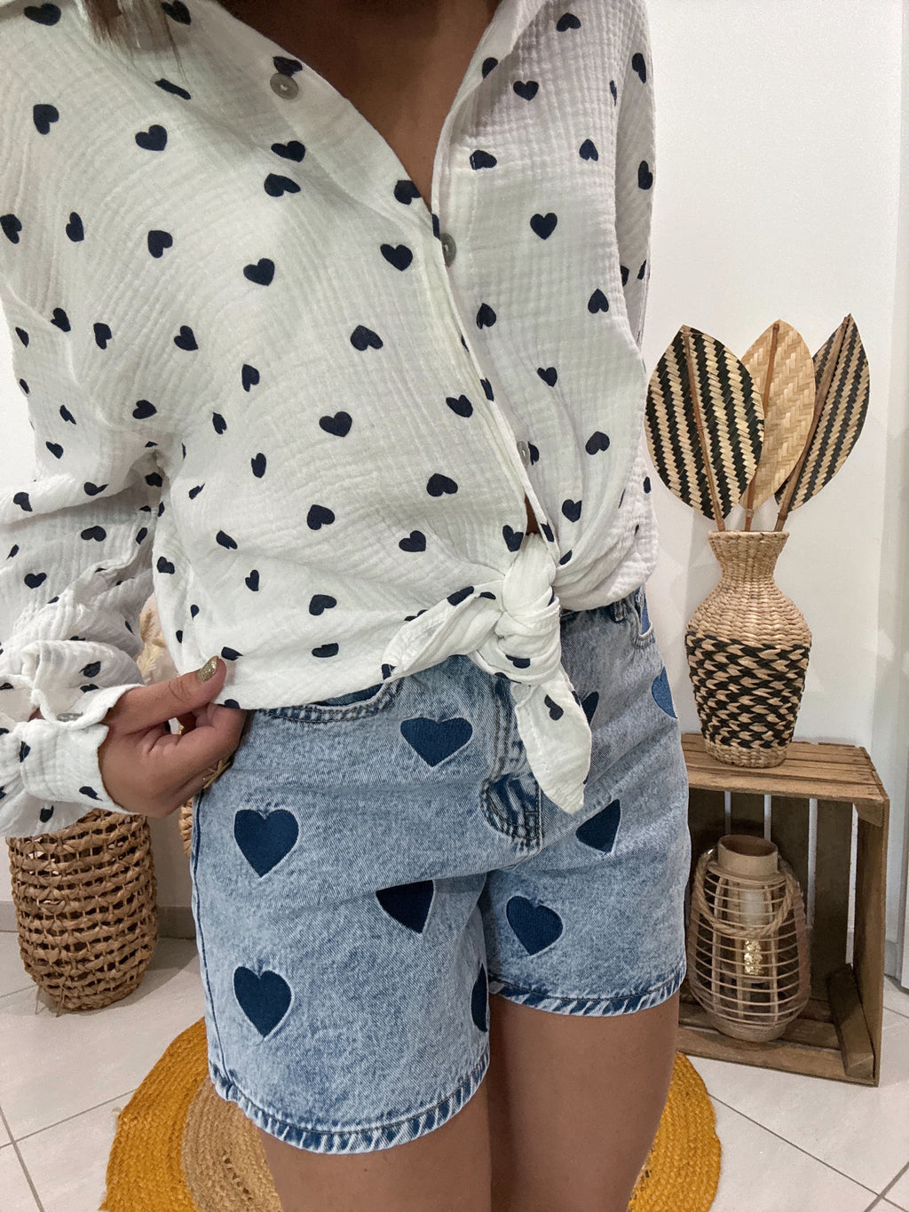 Chemise blanche en gaz de coton imprimé coeur bleu 💙