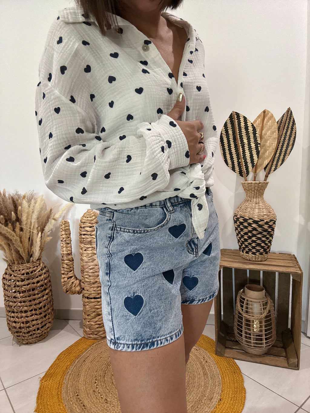 Chemise blanche en gaz de coton imprimé coeur bleu 💙