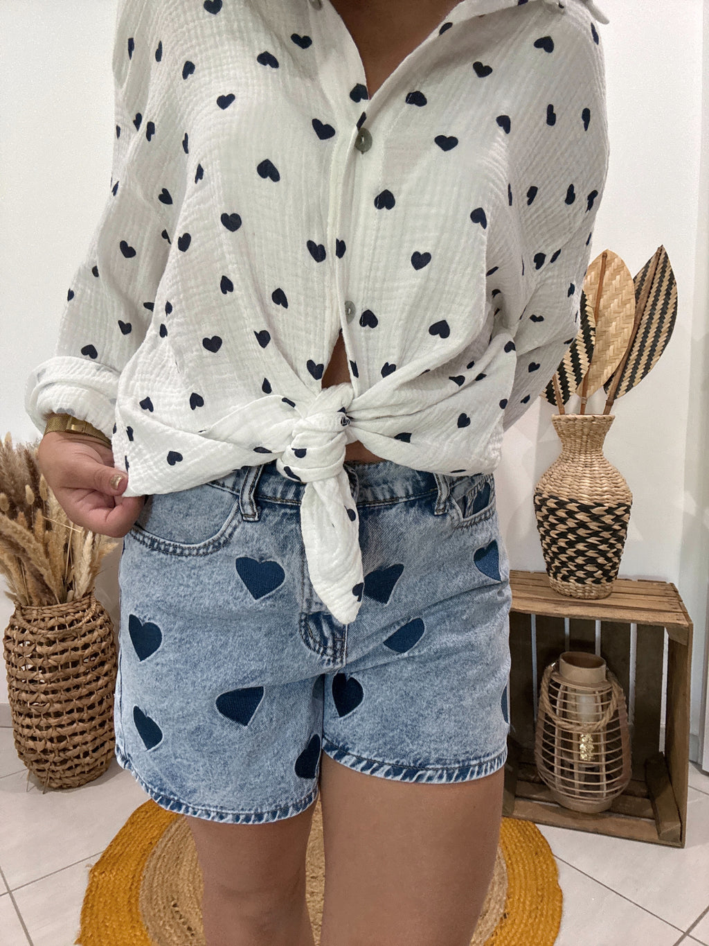 Chemise blanche en gaz de coton imprimé coeur bleu 💙