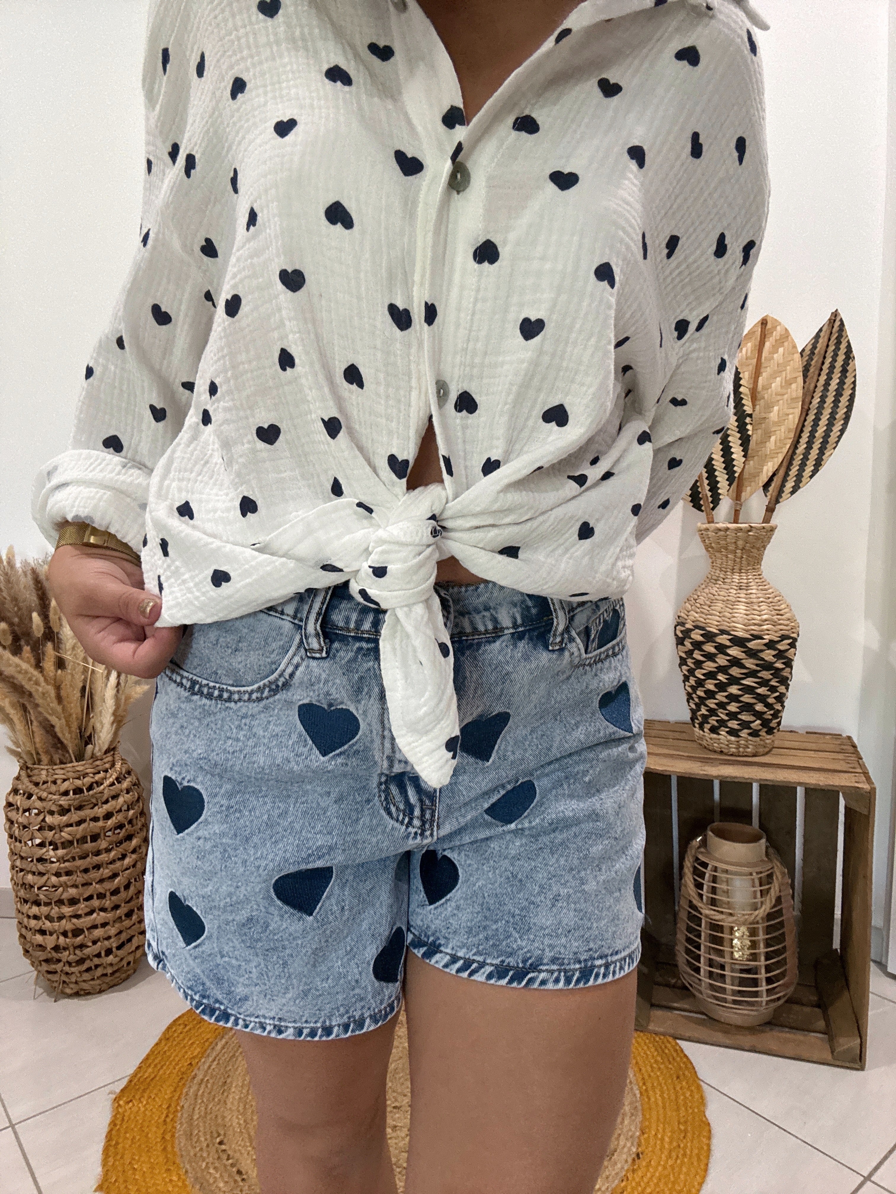 Chemise blanche en gaz de coton imprimé coeur bleu 💙