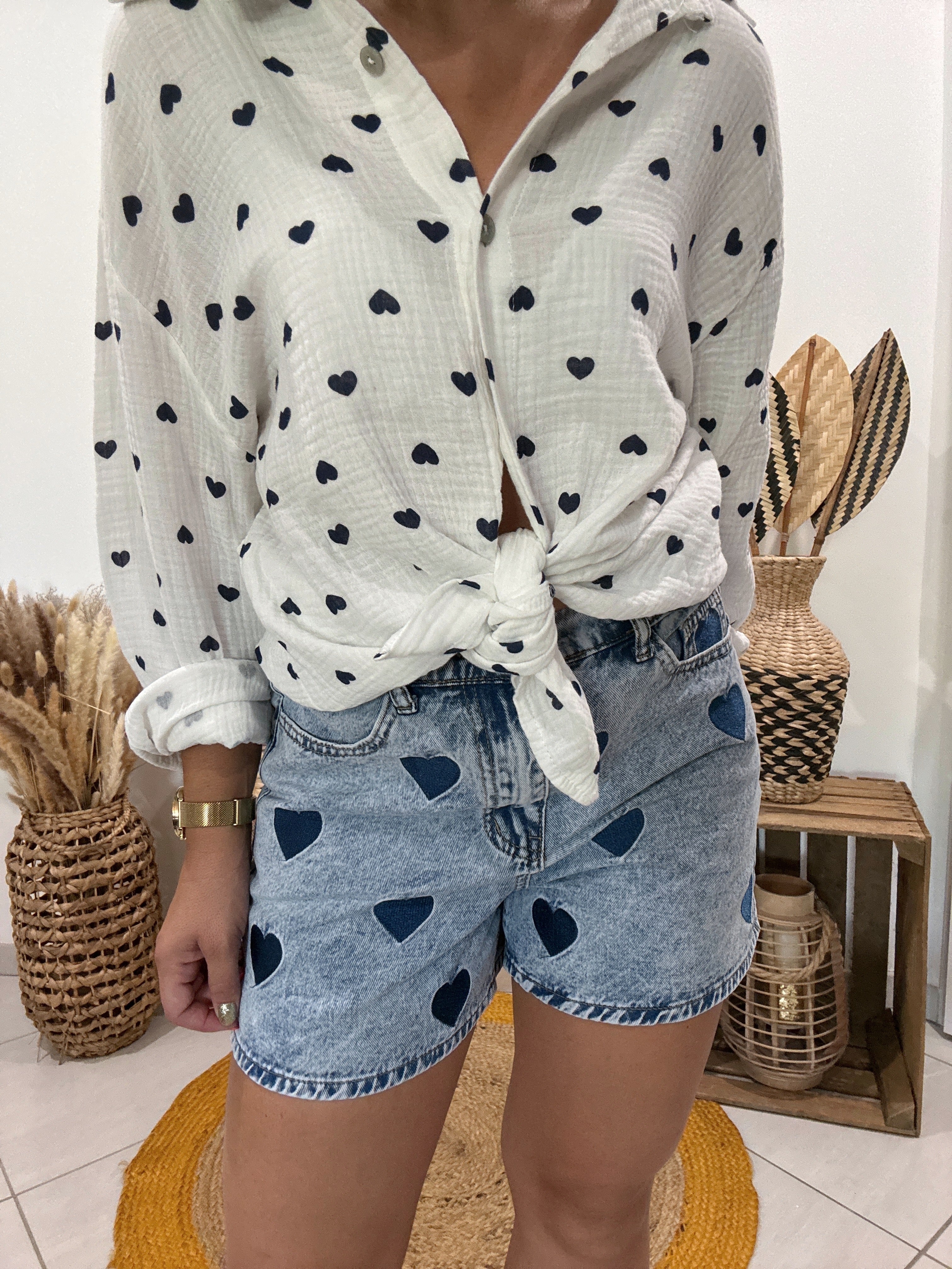 Chemise blanche en gaz de coton imprimé coeur bleu 💙