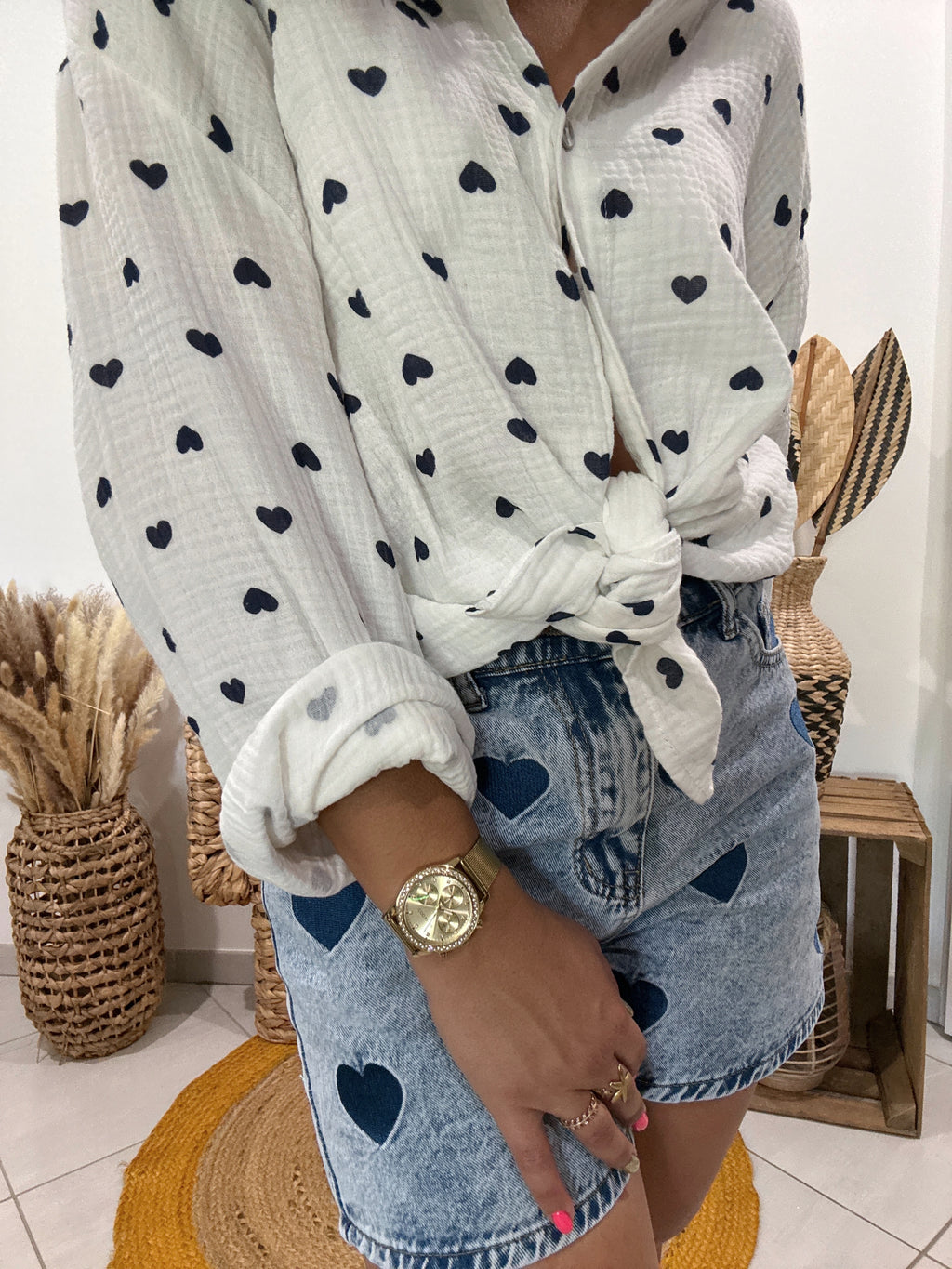 Chemise blanche en gaz de coton imprimé coeur bleu 💙